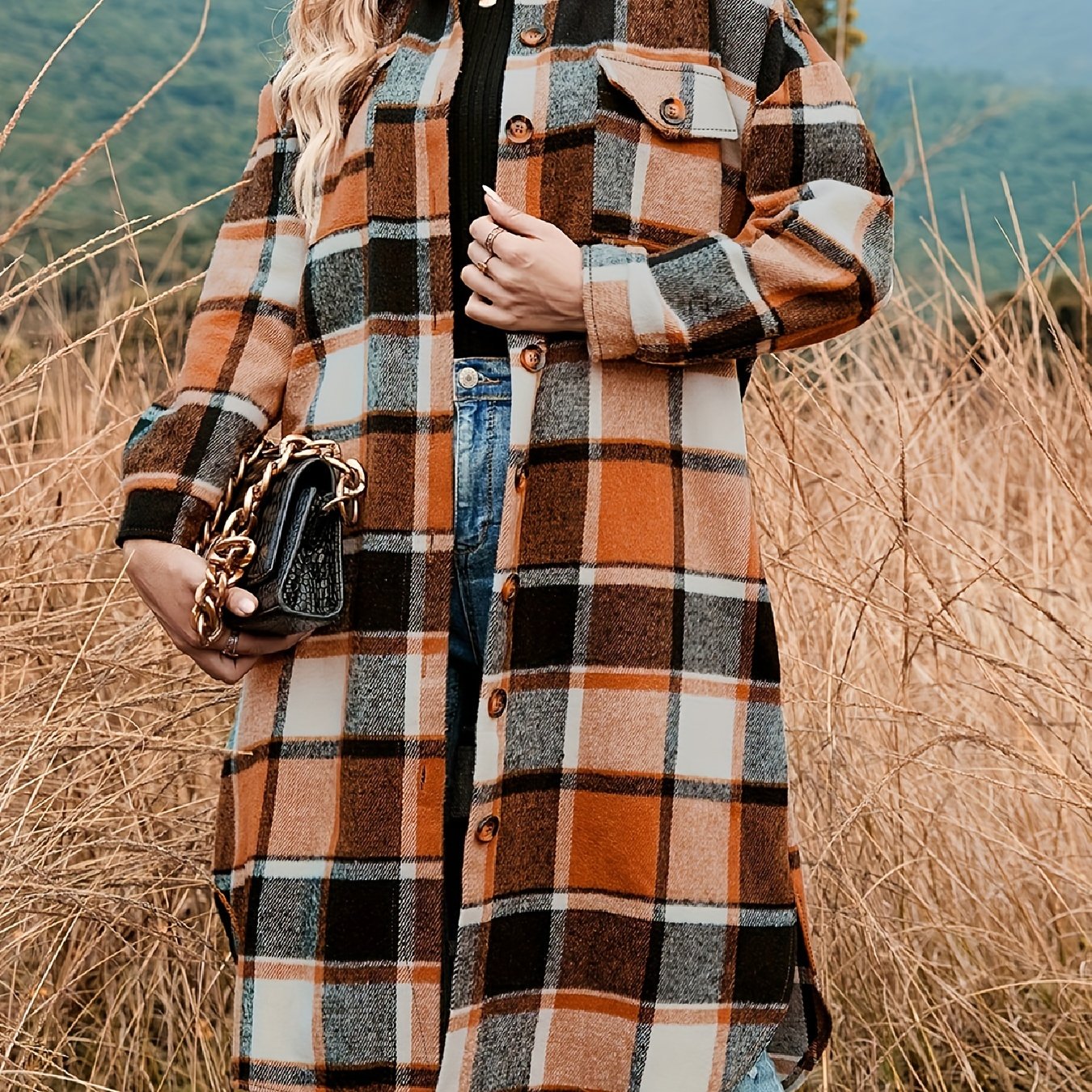 gbolsos Plaid Shacket Split Lapel Jacket, Button Down With Pockets Outerwear, Women's Clothing