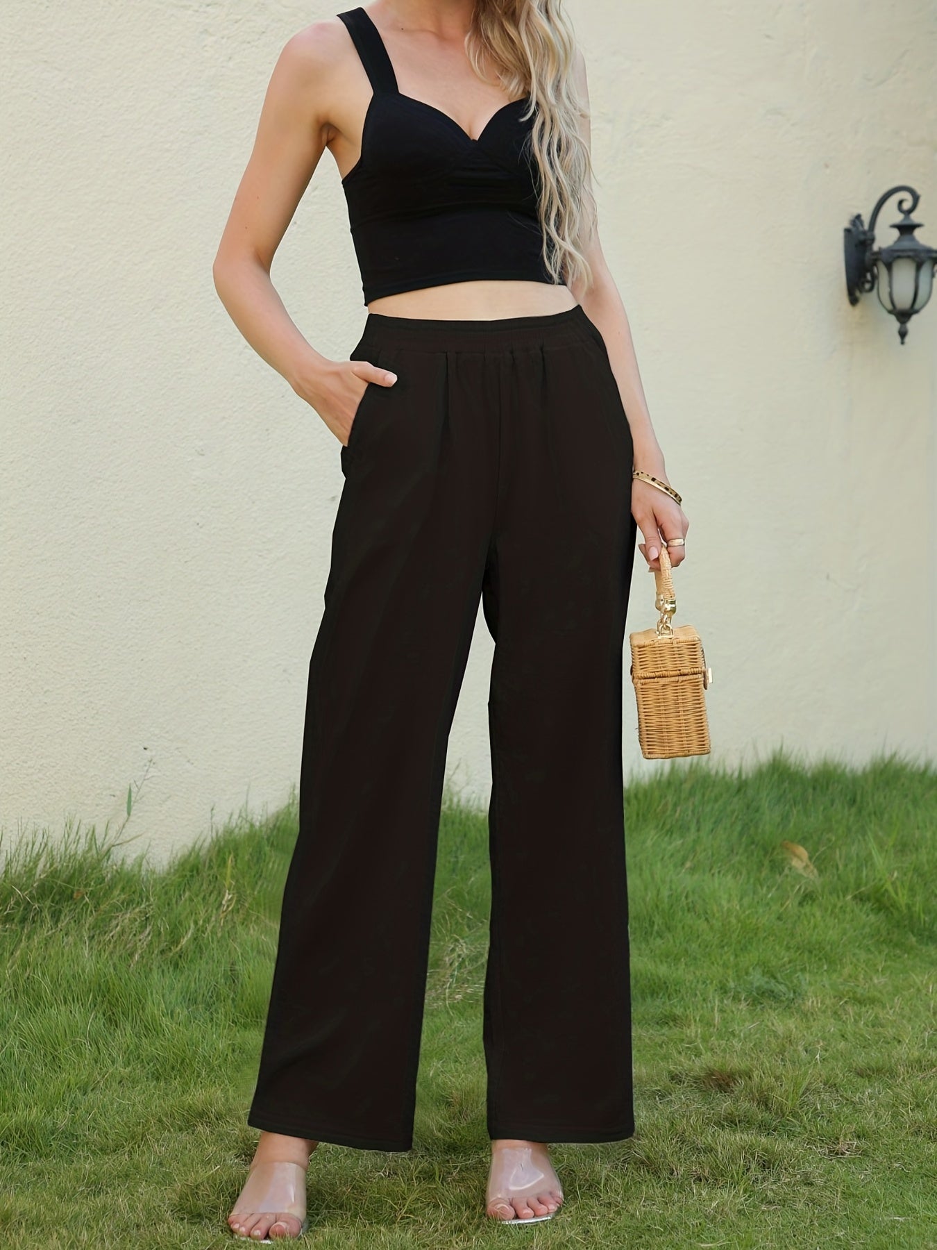 gbolsos Solid Wide Leg Elastic Waist Pants, Casual Dual Pockets Loose Pants, Women's Clothing