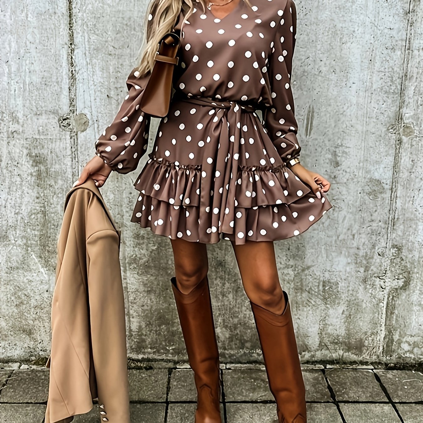 Polka Dot Print Dress, Casual Layered Ruffle Hem Lantern Sleeve Dress, Women's Clothing