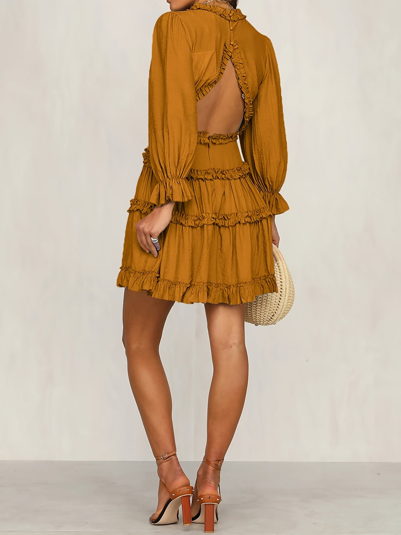 gbolsos Deep V Neck Ruffle Dress, Cut Out Long Sleeve Casual Dress For Spring & Fall, Women's Clothing