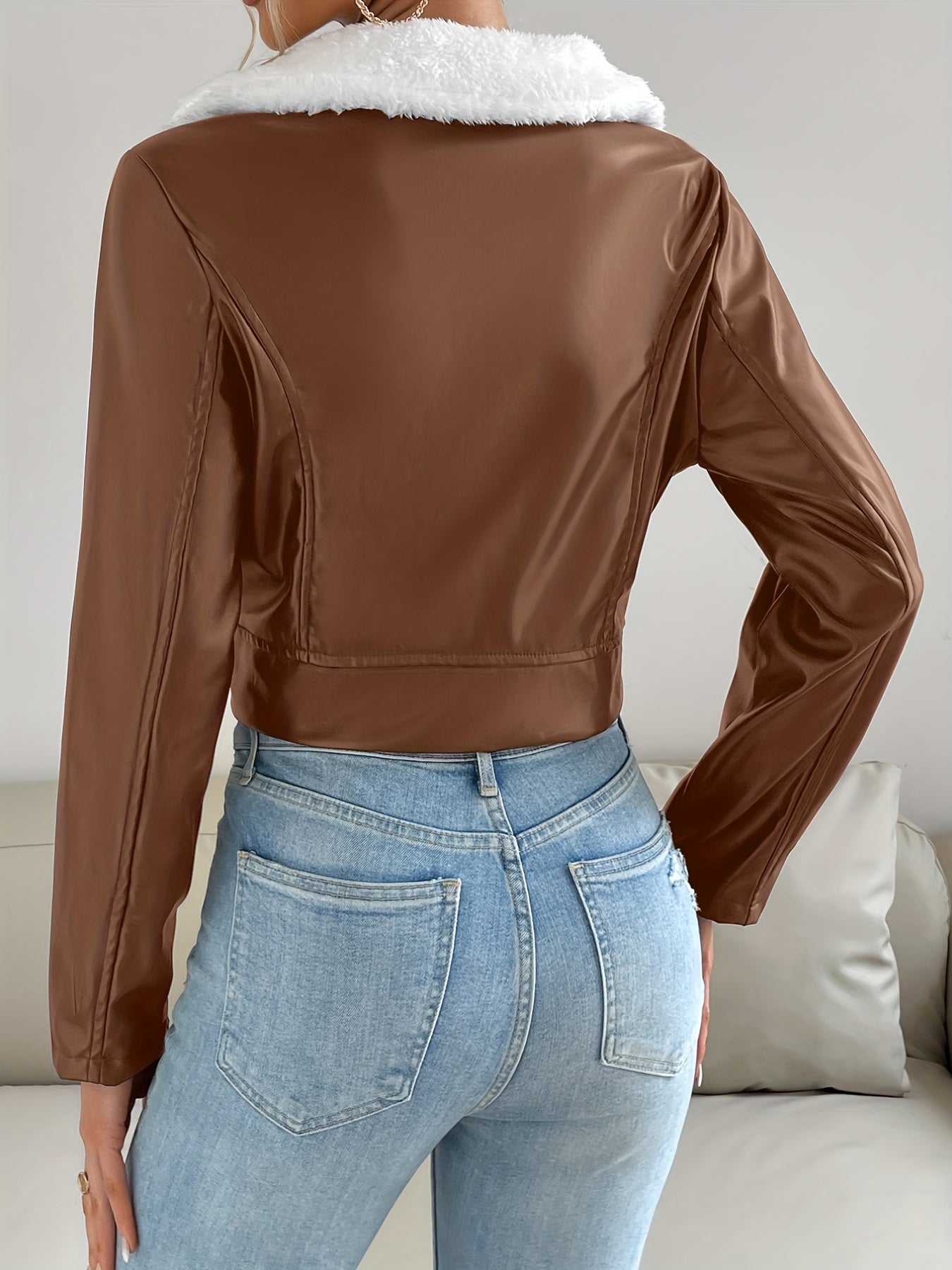 gbolsos Zip Up PU Leather Jacket, Casual Long Sleeve Solid Outerwear, Women's Clothing