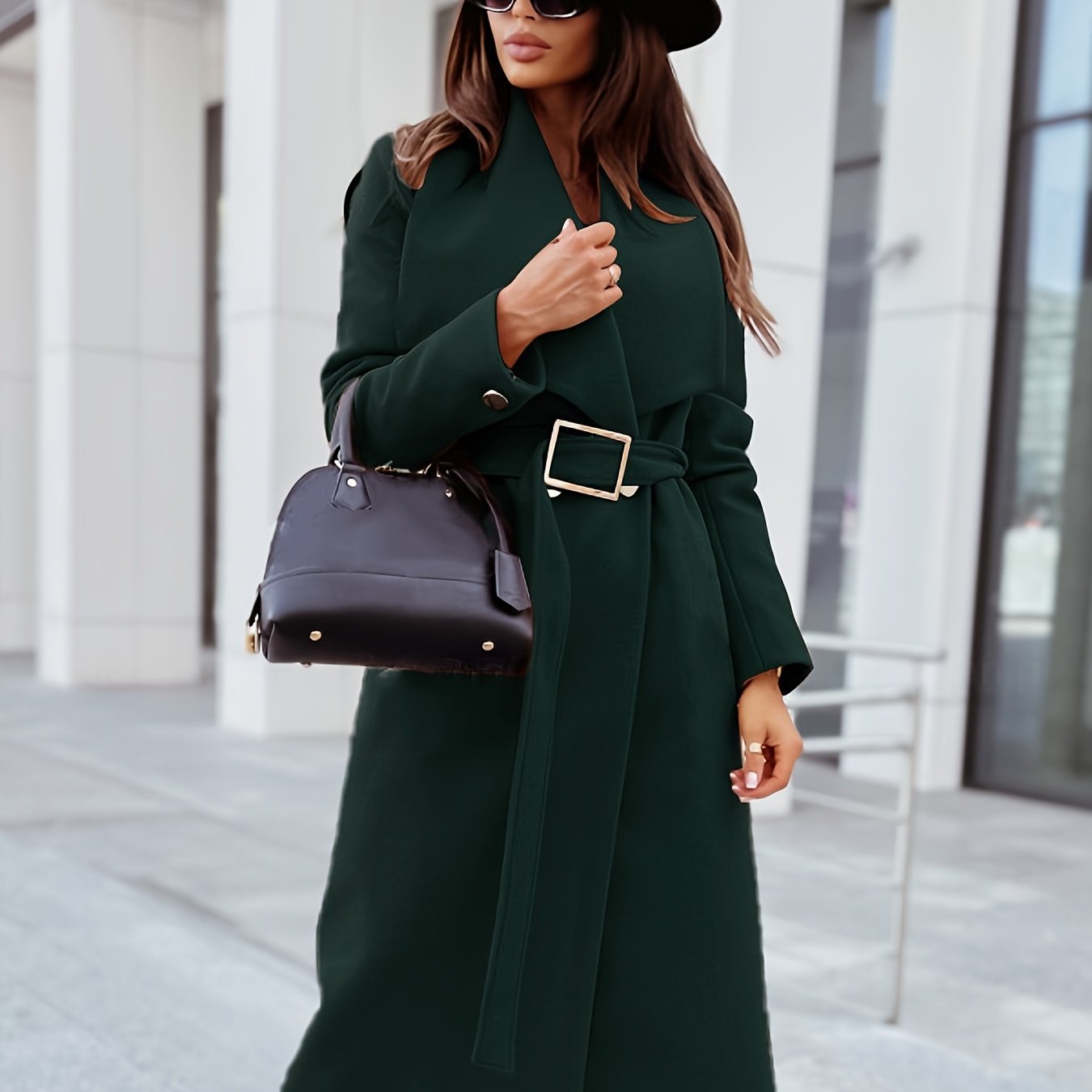 gbolsos Elegant Lapel Belt Long Coat, Casual Long Sleeve V-neck Fashion Loose Fall Winter Long Outerwear, Women's Clothing