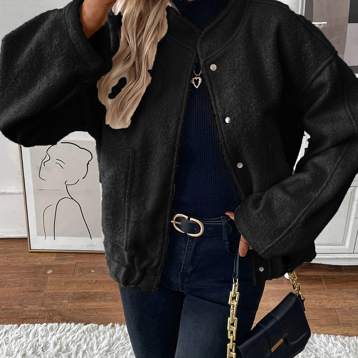 gbolsos Button Front Top-stitching Jacket, Casual Long Sleeve Slant Pockets Jacket For Fall & Winter, Women's Clothing