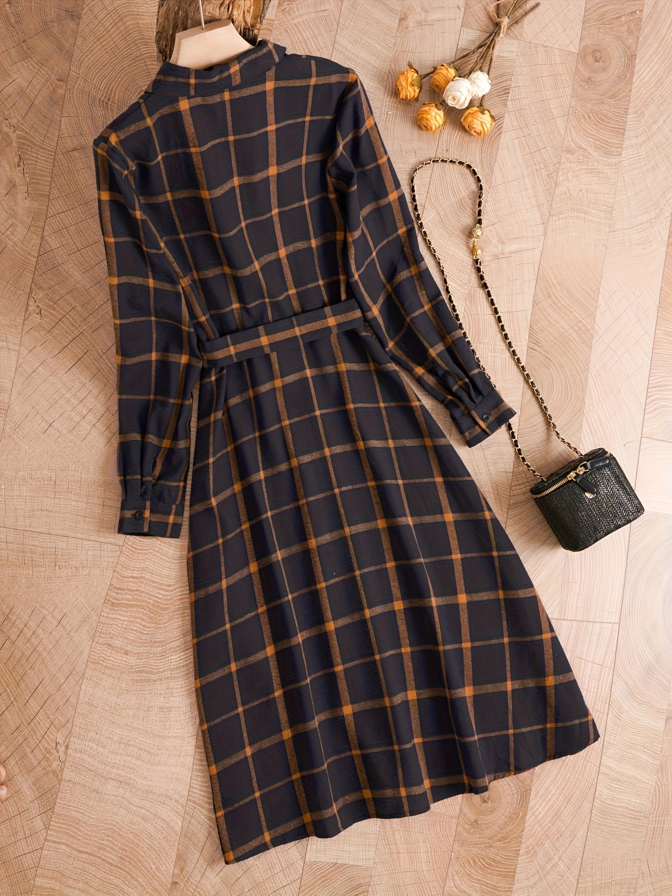 gbolsos Plaid Print Button Front Dress, Elegant Long Sleeve Dress, Women's Clothing