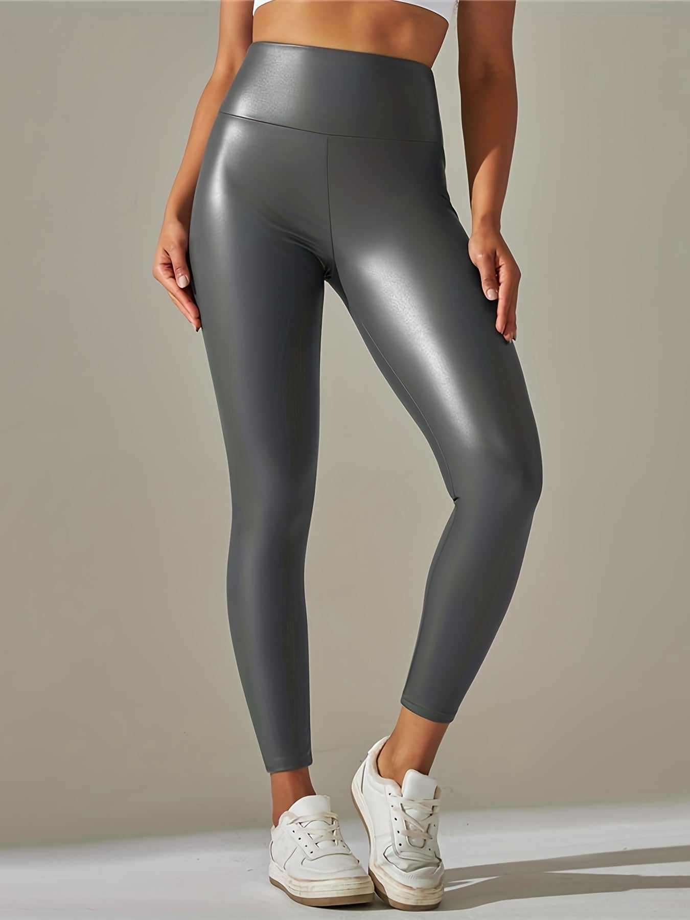 gbolsosGothic Solid PU Leather High Waist Leggings, Casual Skinny Long Length Sexy Leggings, Women's Clothing