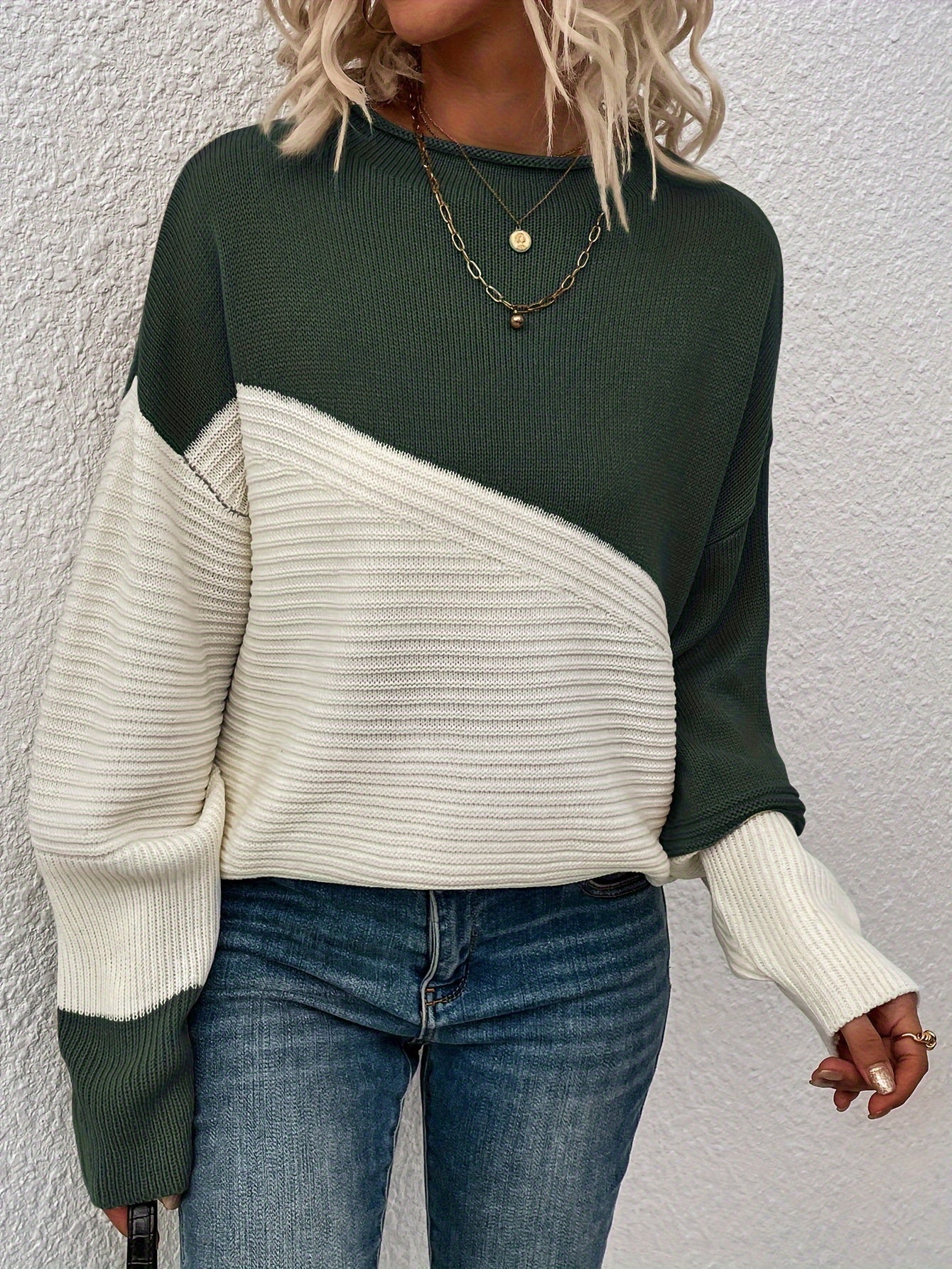 gbolsos Color Block Loose Pullover Sweater, Elegant Long Sleeve Drop Shoulder Sweater, Women's Clothing