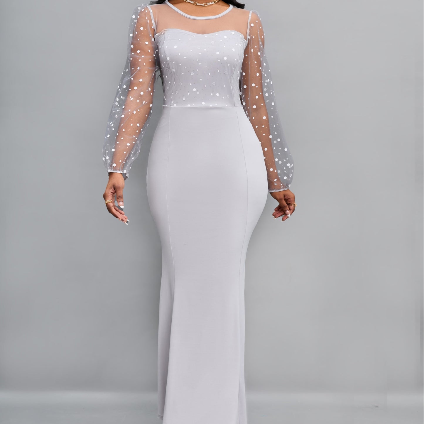 gbolsos Round Neck Mesh Stitching Dress, Elegant Slim Long Sleeve Waist Long Dresses, Women's Clothing