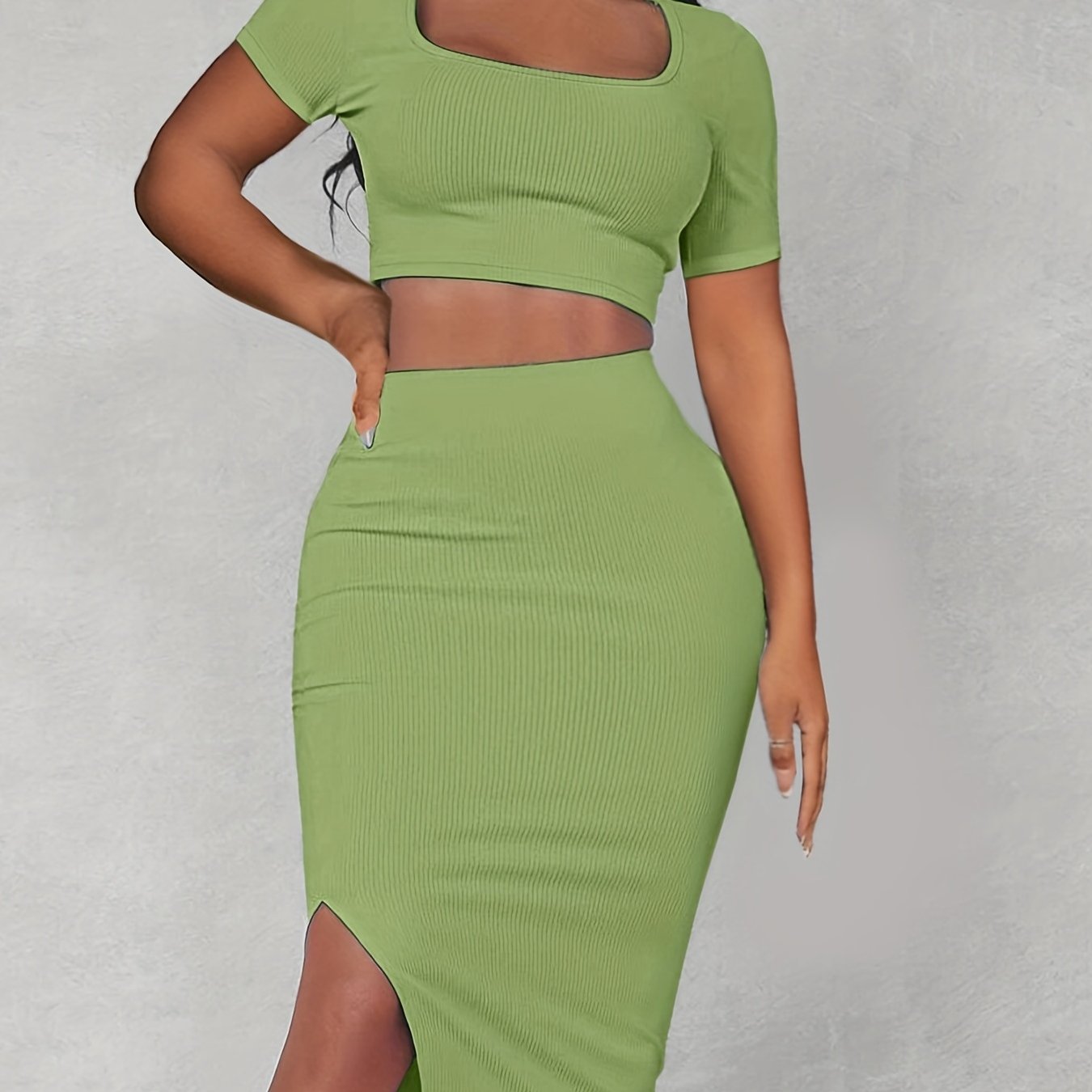 gbolsos Sexy Matching Two-piece Skirt Set, Square Neck Crop Top & Split Bodycon Skirt Outfits, Women's Clothing
