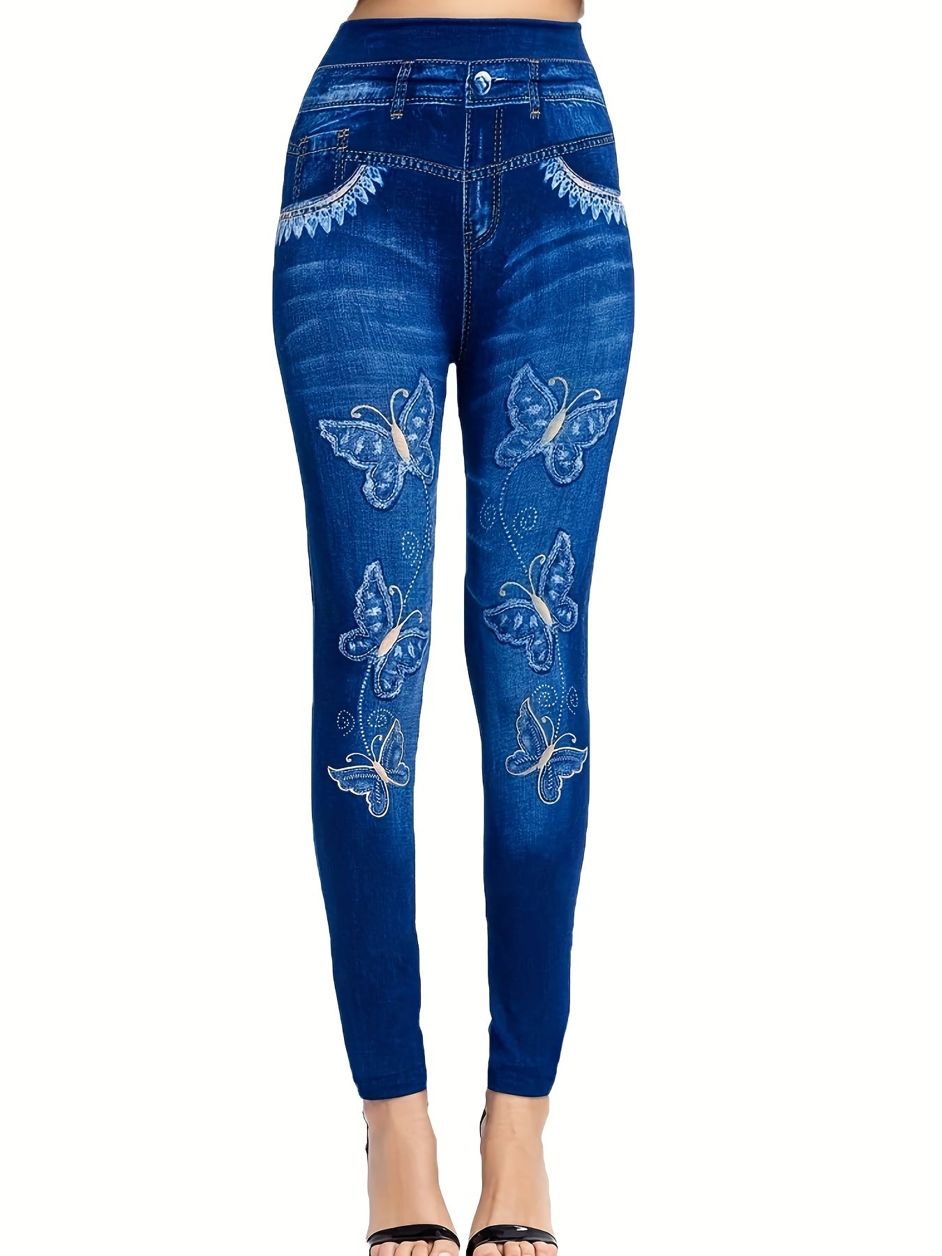 gbolsosDenim Print High Waist Jeggings, Slim Stretchy Casual Leggings, Women's Clothing