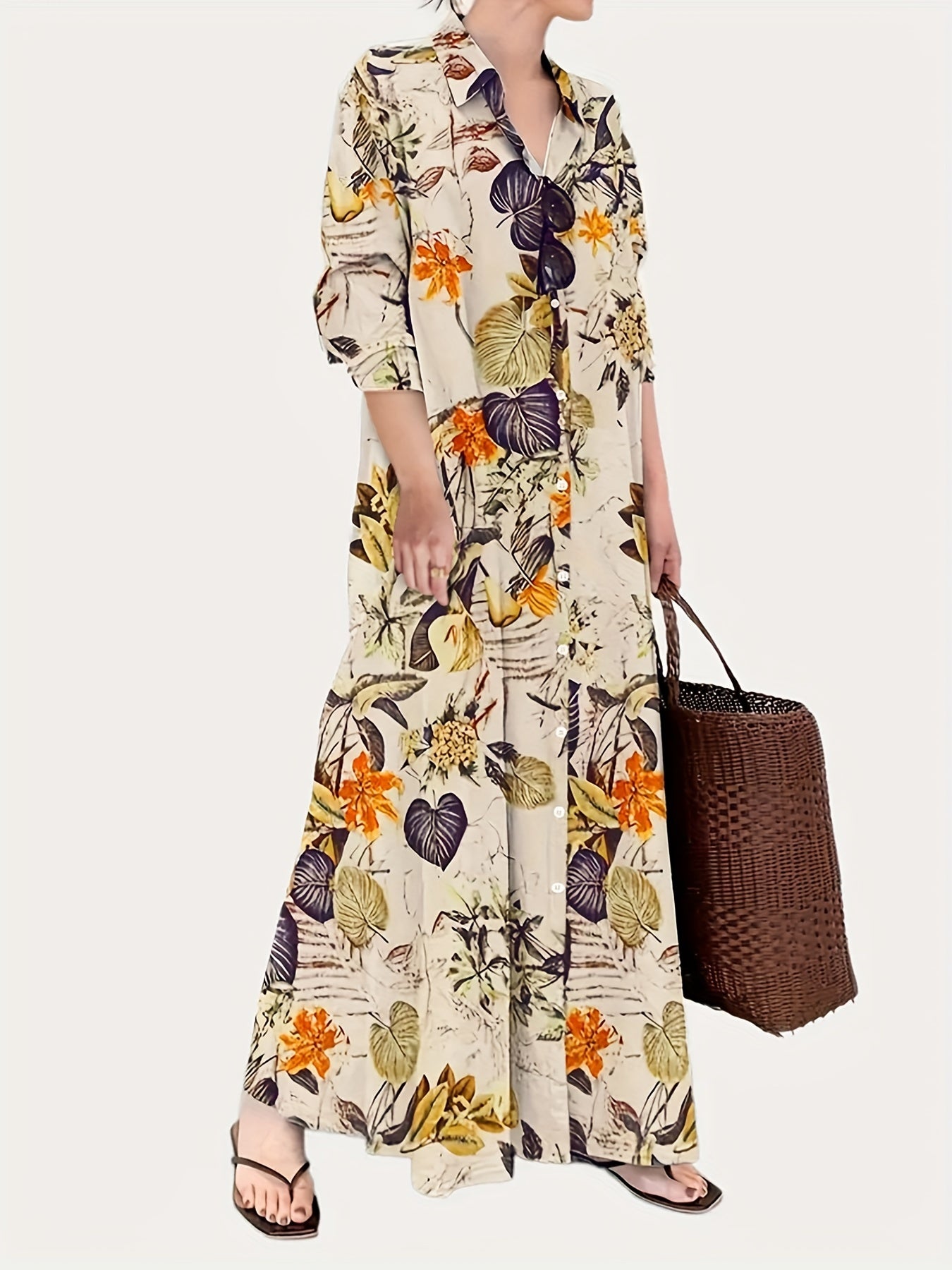 gbolsos Leaves Print Single Button Dress, Versatile Long Sleeve Maxi Dress For Spring & Fall, Women's Clothing