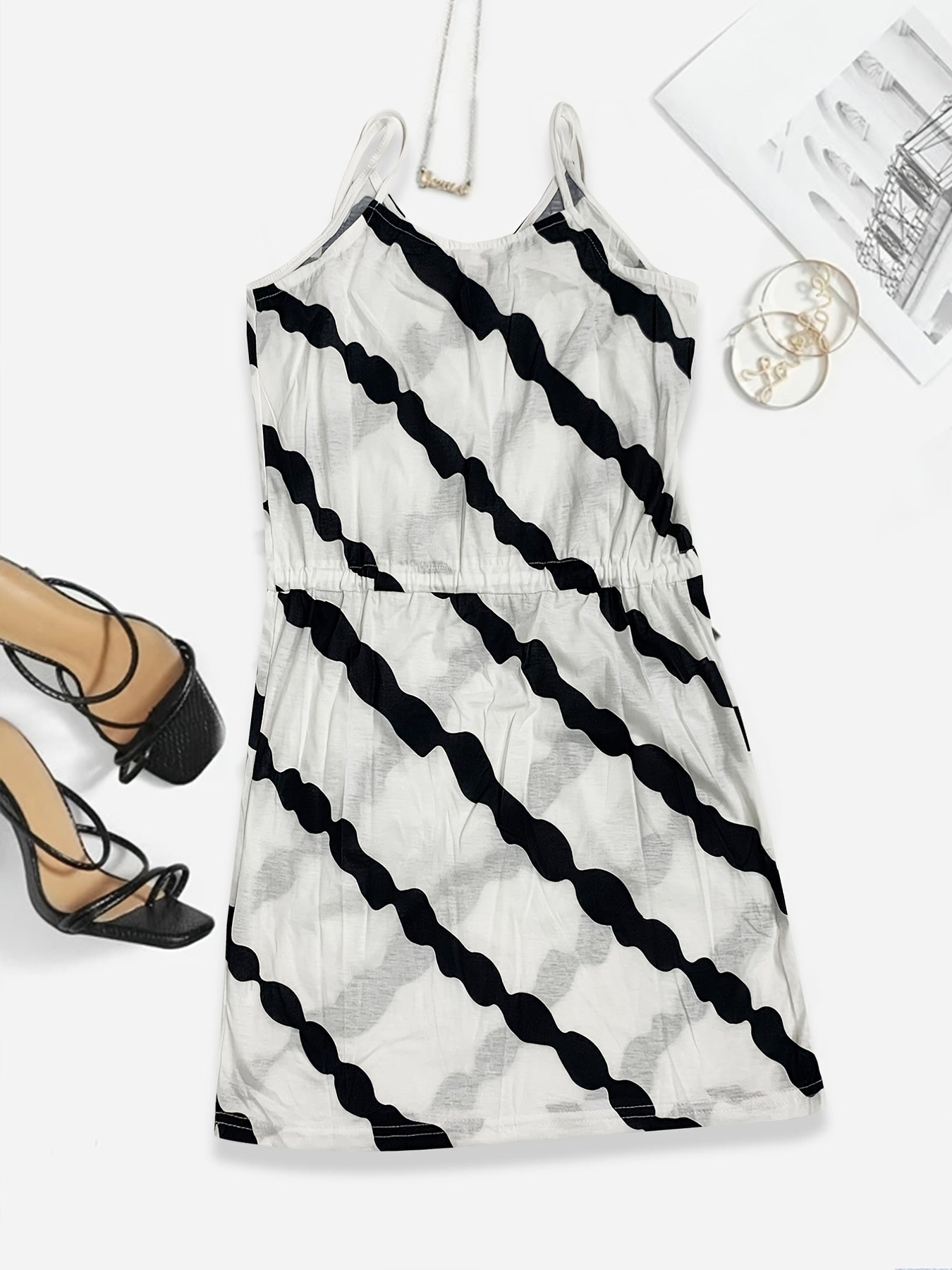 gbolsos Striped Print Cami Dress, Drawstring Waist Sleeveless Dress For Summer & Spring, Women's Clothing