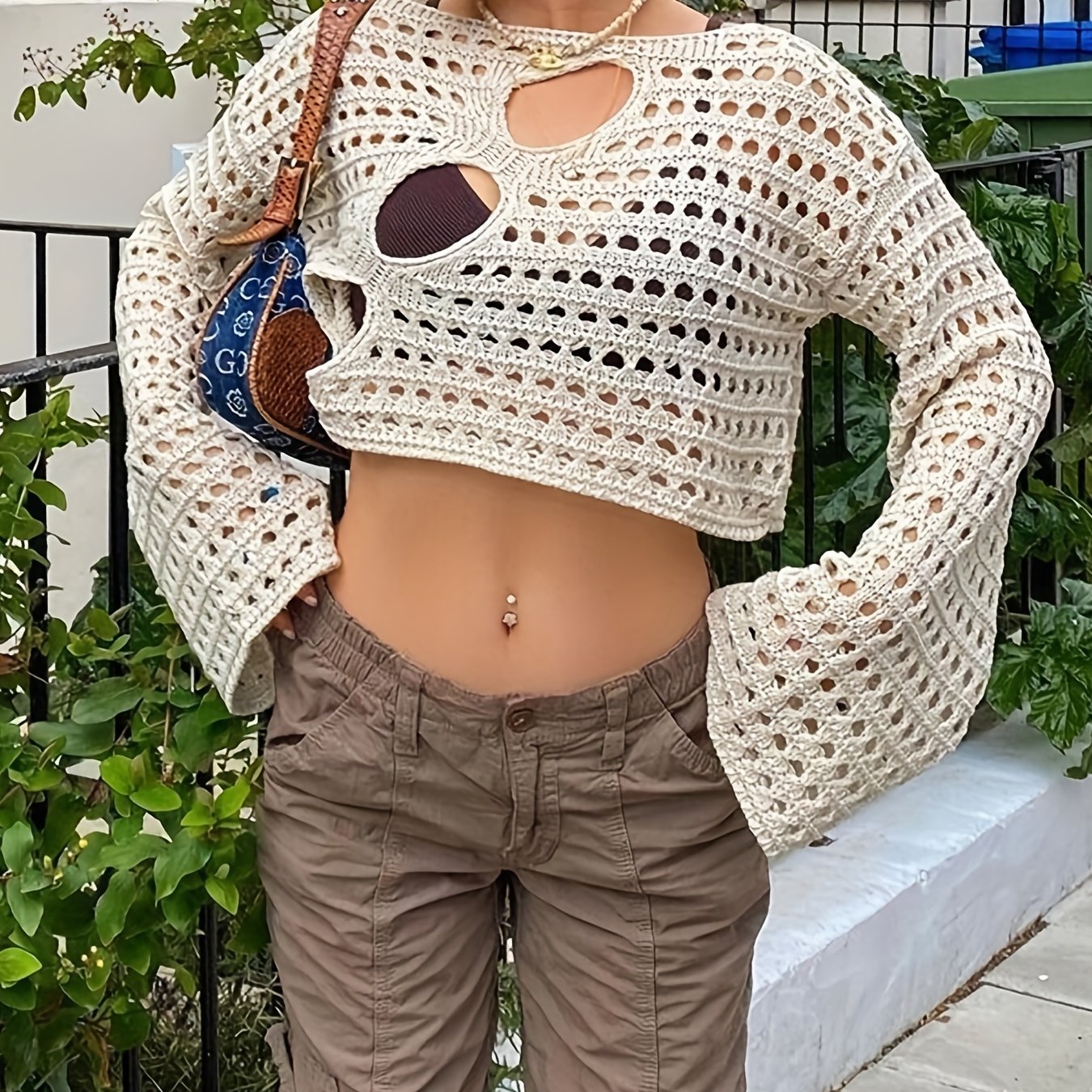 gbolsos Y2K Crochet Crop Top, Long Sleeve Solid Casual Top, Women's Clothing