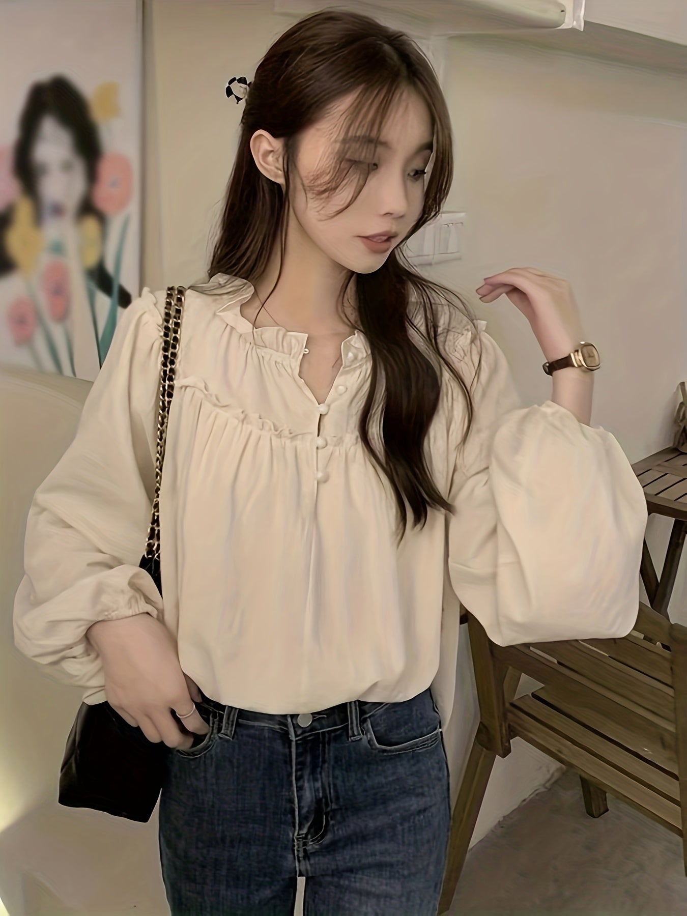 gbolsos Lettuce Trim Solid Blouse, Casual Crew Neck Long Sleeve Blouse, Women's Clothing