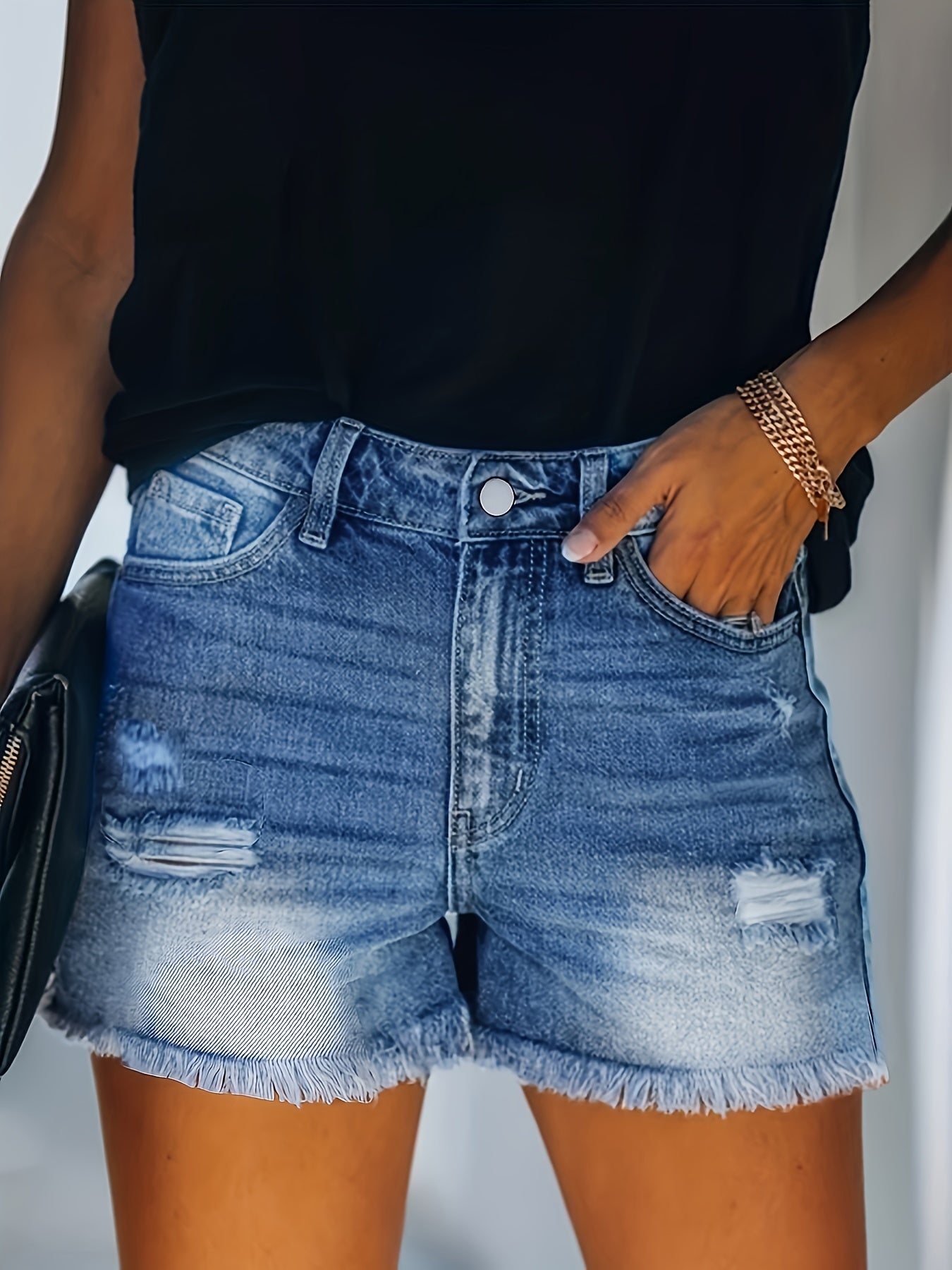 gbolsosBlue Frayed Hem Denim Shorts, Ripped Holes Slash Pockets Short Denim Pants, Women's Denim Jeans & Clothing