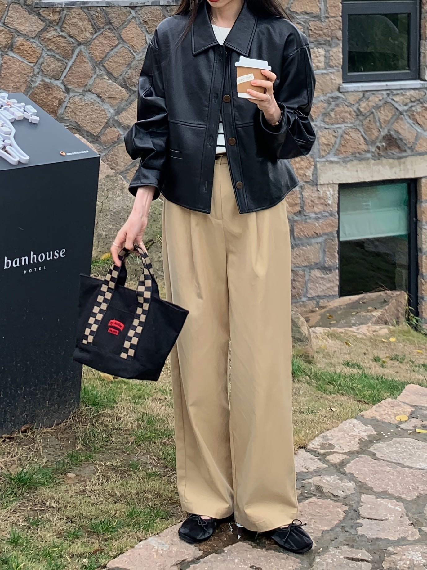 gbolsos Solid Cropped PU Jacket, Vintage Button Front Long Sleeve Outerwear, Women's Clothing