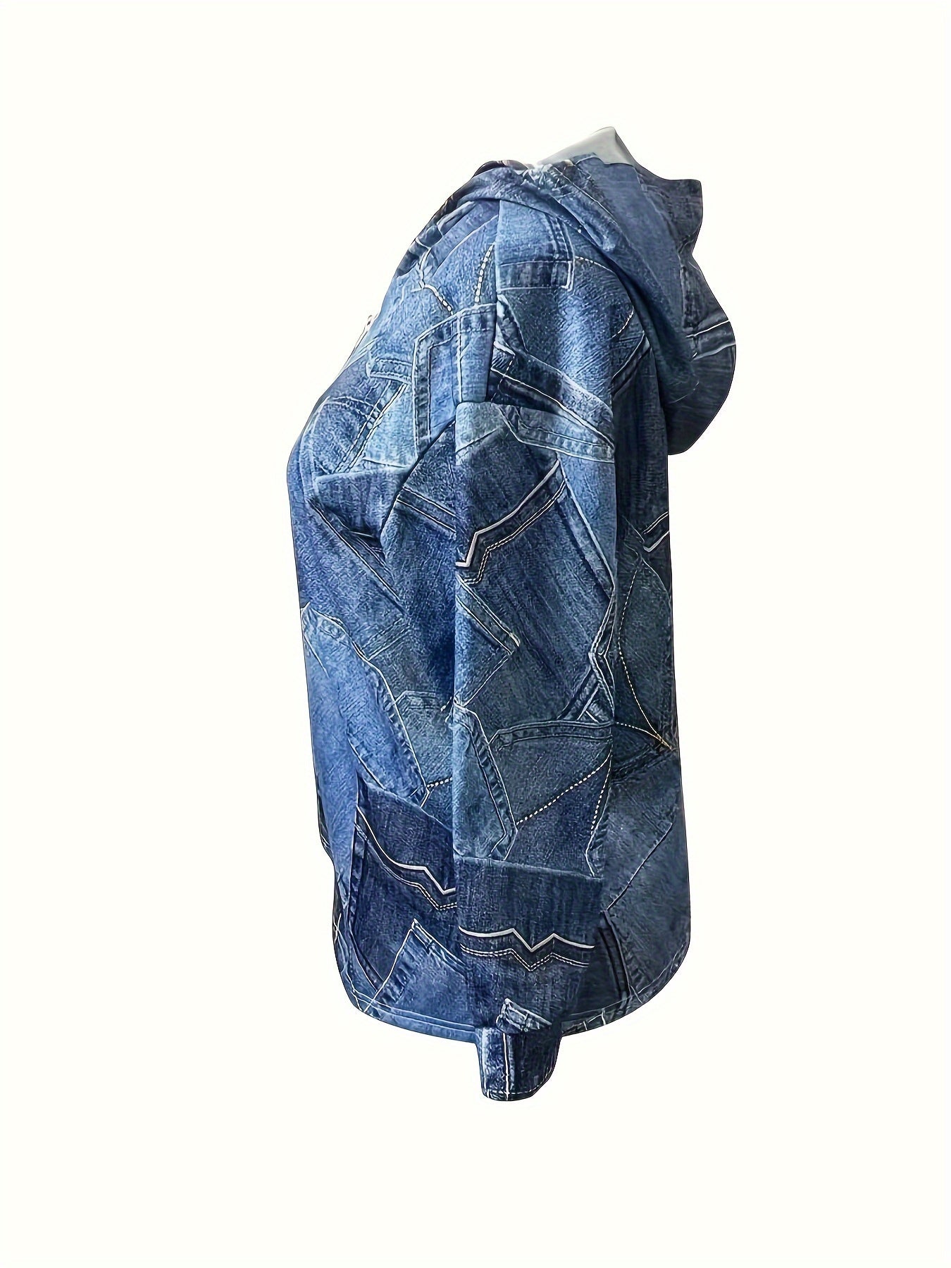 Plus Size Casual Coat, Women's Plus Denim Print Hoodie Long Sleeve Coat With Pockets