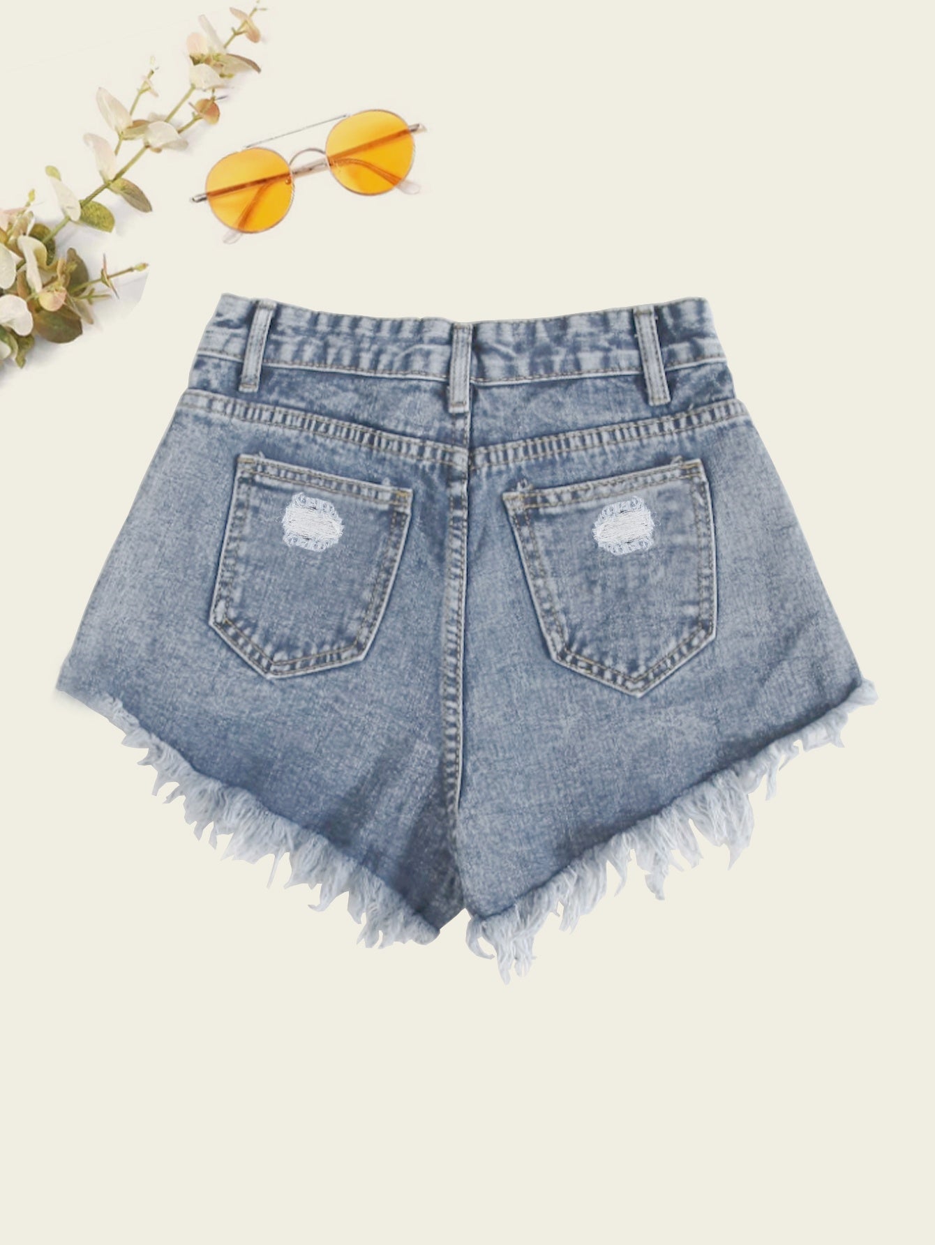 gbolsosRipped Frayed Hem Distressed Shorts, Slash Pockets Zipper Button Closure High Rise Denim Pants, Classic Street Casual Style, Women's Denim Jeans & Clothing