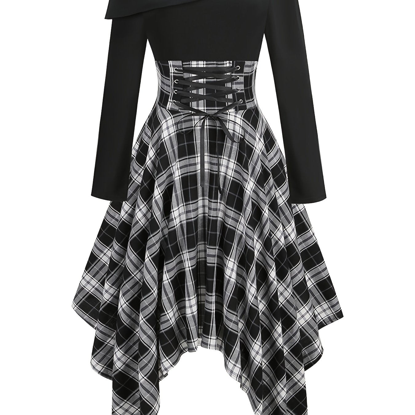gbolsos Plaid Asymmetrical Hem Dress, Vintage Cold Shoulder Long Sleeve Dress, Women's Clothing
