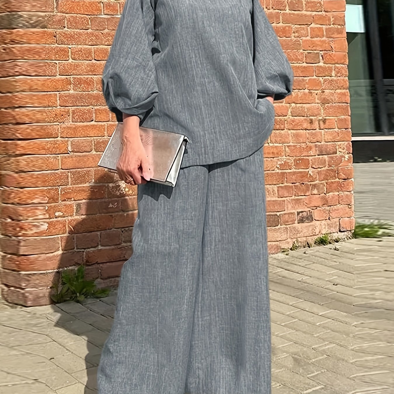 Solid Casual Two-piece Set, V Neck Lantern Sleeve Tops & Wide Leg Pants Outfits, Women's Clothing