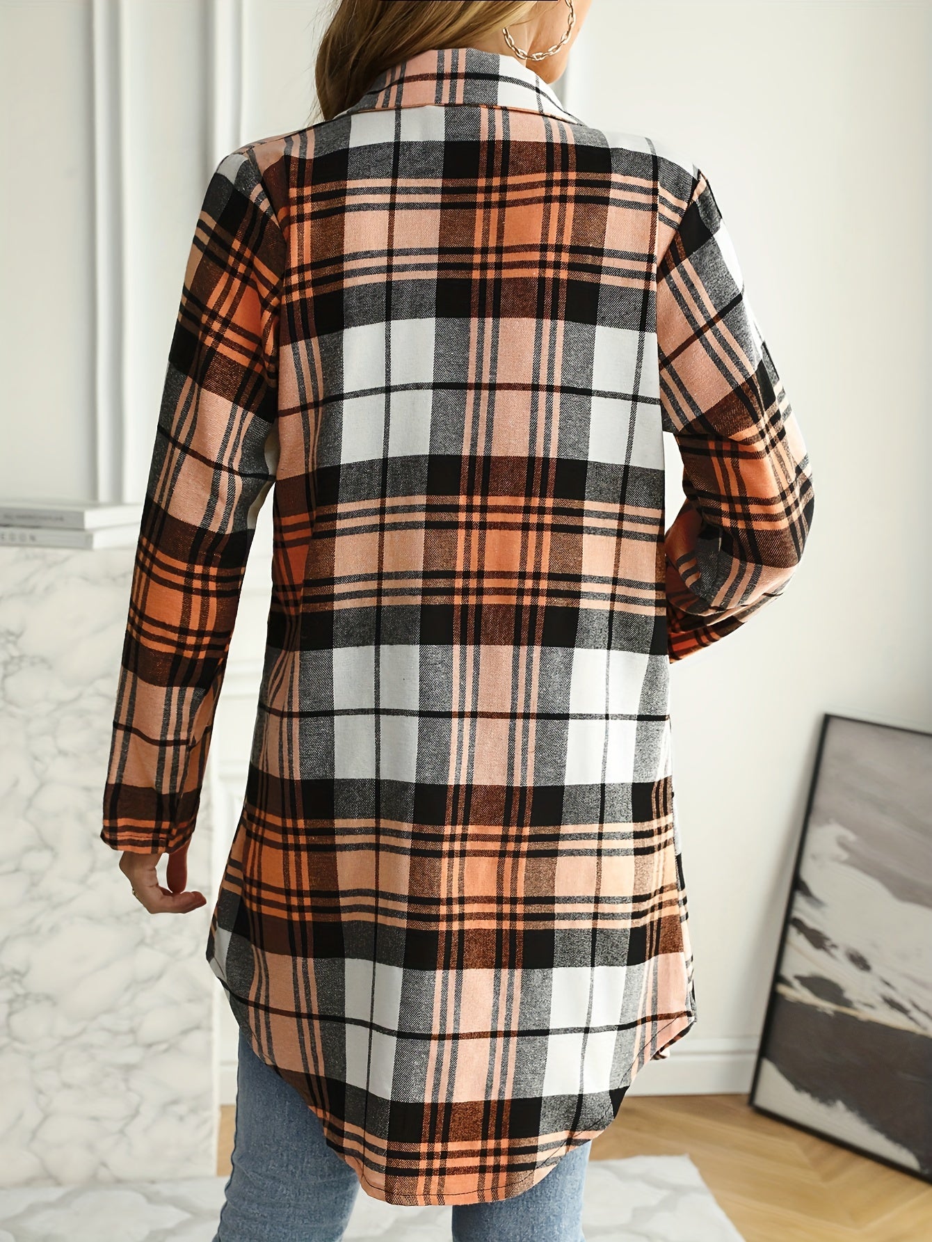 gbolsos Plaid Print Button Front Shirt, Dipped Hem Long Sleeve Shirt For Spring & Fall, Women's Clothing