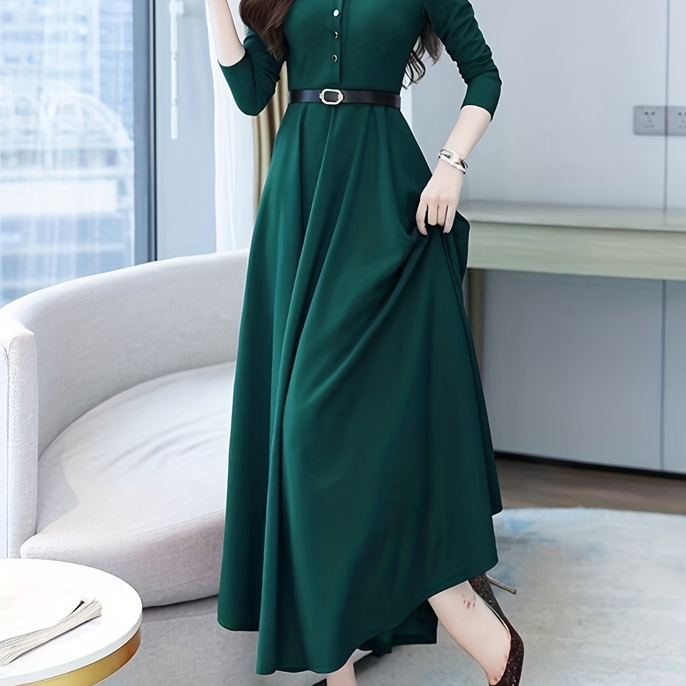 gbolsos Solid Buttons Dress, Vintage High Waist Long Sleeve Pleated Dress, Women's Clothing