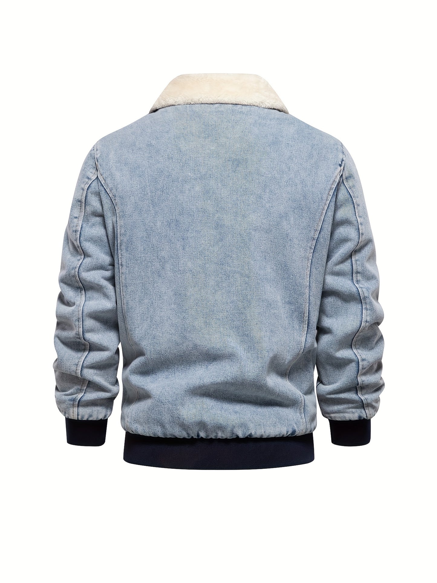 gbolsos Warm Fleece Denim Jacket, Men's Casual Flap Pocket Jacket Coat With Fur Collar For Fall Winter