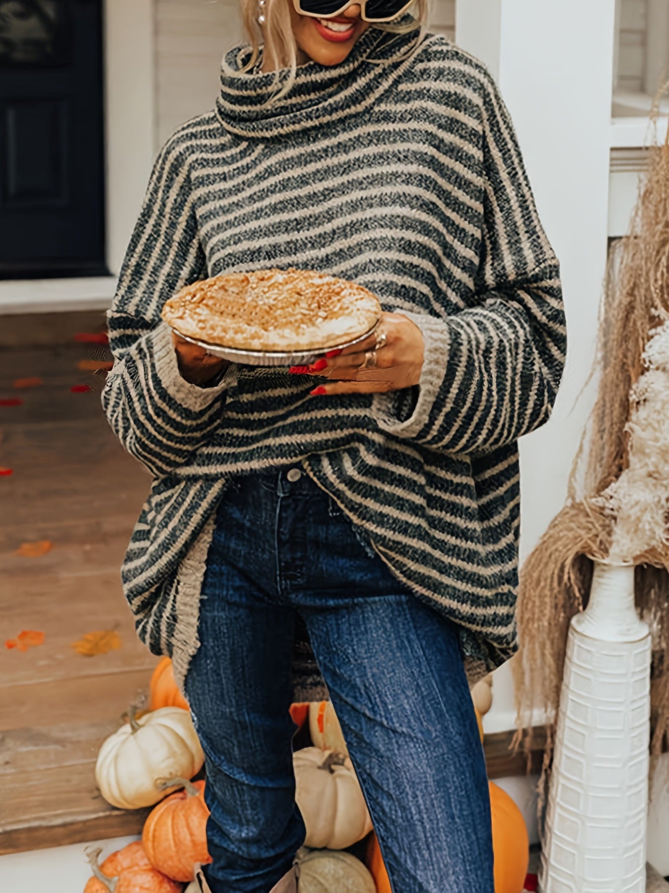 gbolsos Plus Size Casual Sweater, Women's Plus Stripe Print Chimney Collar Long Sleeve Pullover Sweater