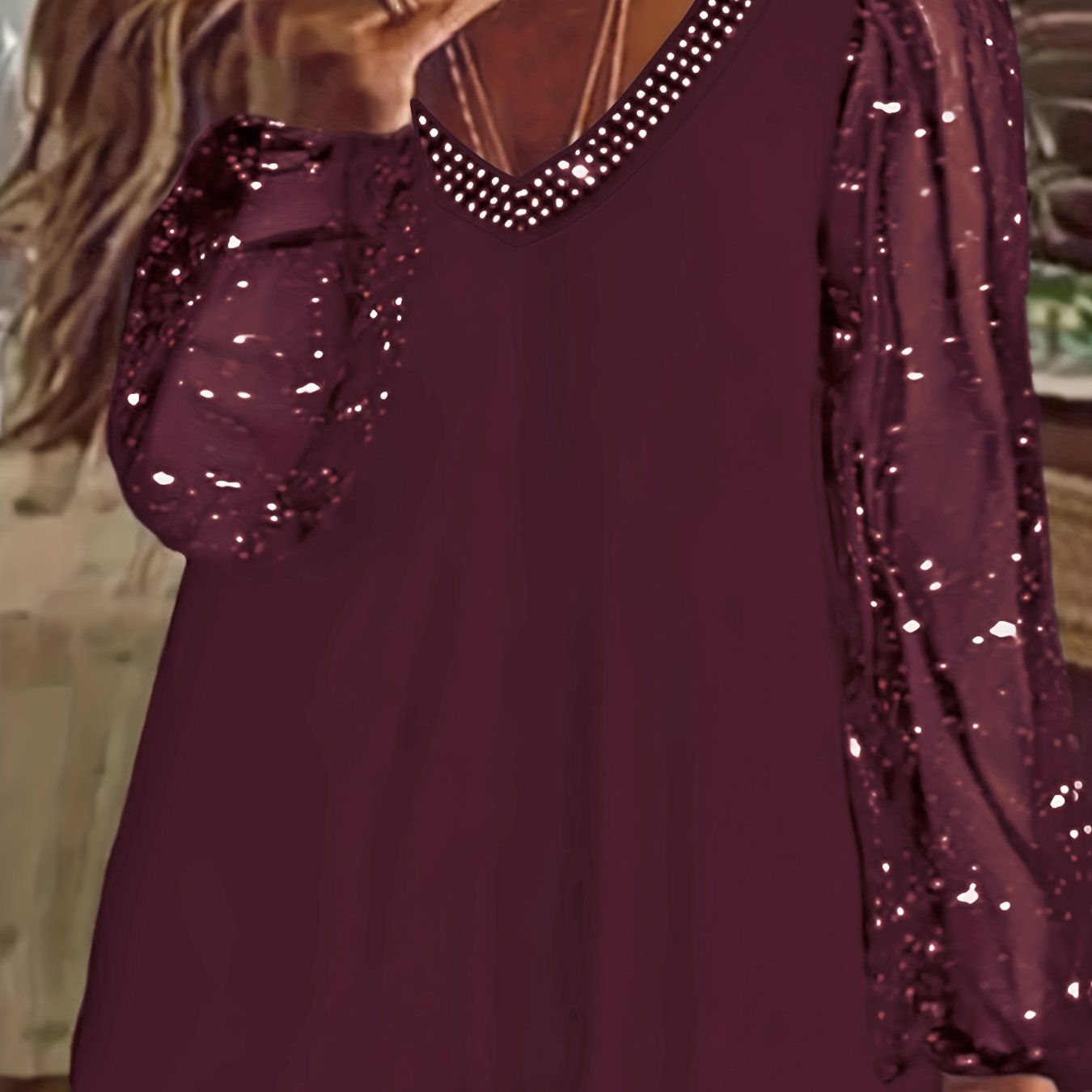 Plus Size Sexy Top, Women's Plus Solid Contrast Mesh Sequins & Rhinestone Decor Long Sleeve V Neck Top