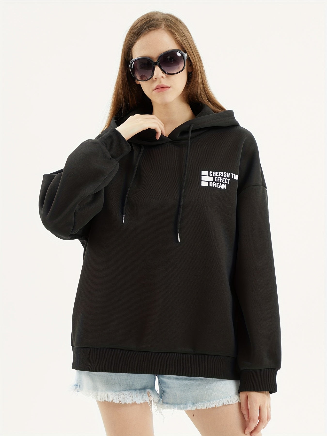 Letter Print Drawstring Hoodie, Casual Long Sleeve Hoodie Sweatshirt, Women's Clothing