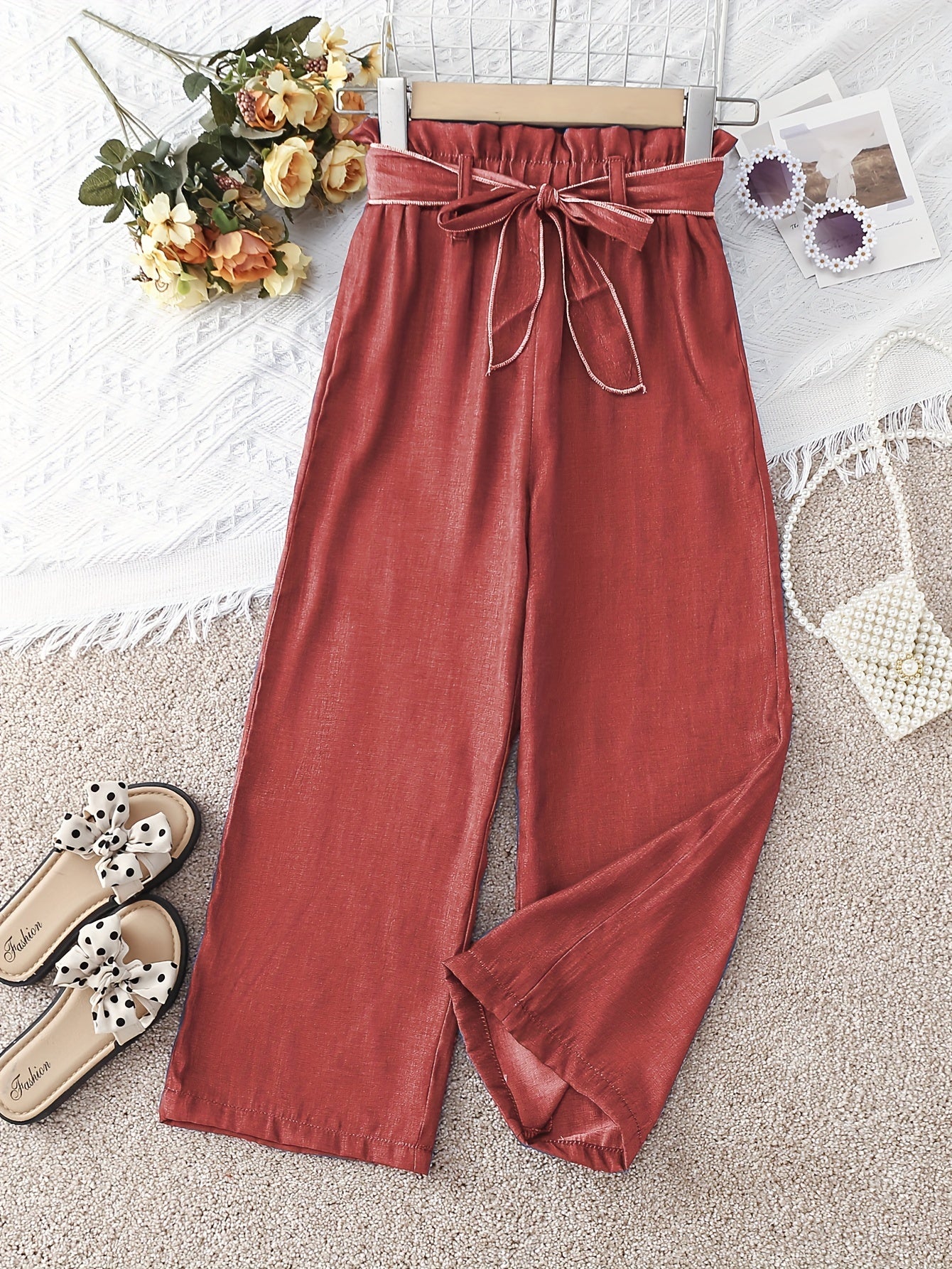 gbolsos Girls' Cosy Faux Denim Print Wide Leg Casual Pants Trousers With Belt For Spring/Summer/Fall