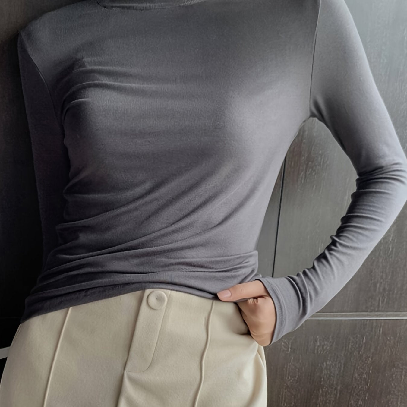 gbolsos Solid Slim T-Shirt, Crew Neck Long Sleeve Stretchy T-Shirt, Casual Every Day Tops, Women's Clothing
