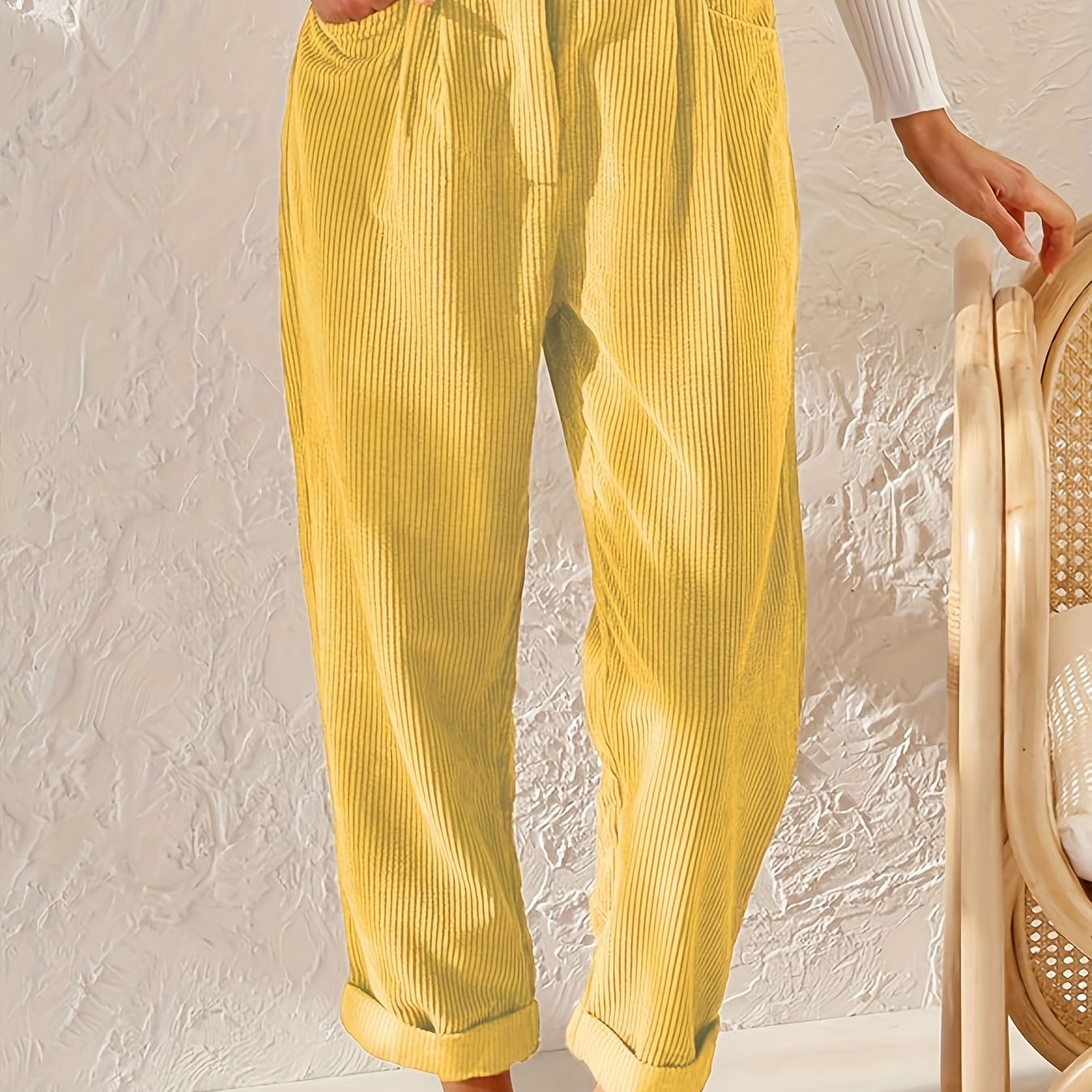 gbolsos Corduroy Straight Leg Pants, Solid High Waist Slant Pocket Pants, Casual Every Day Pants, Women's Clothing