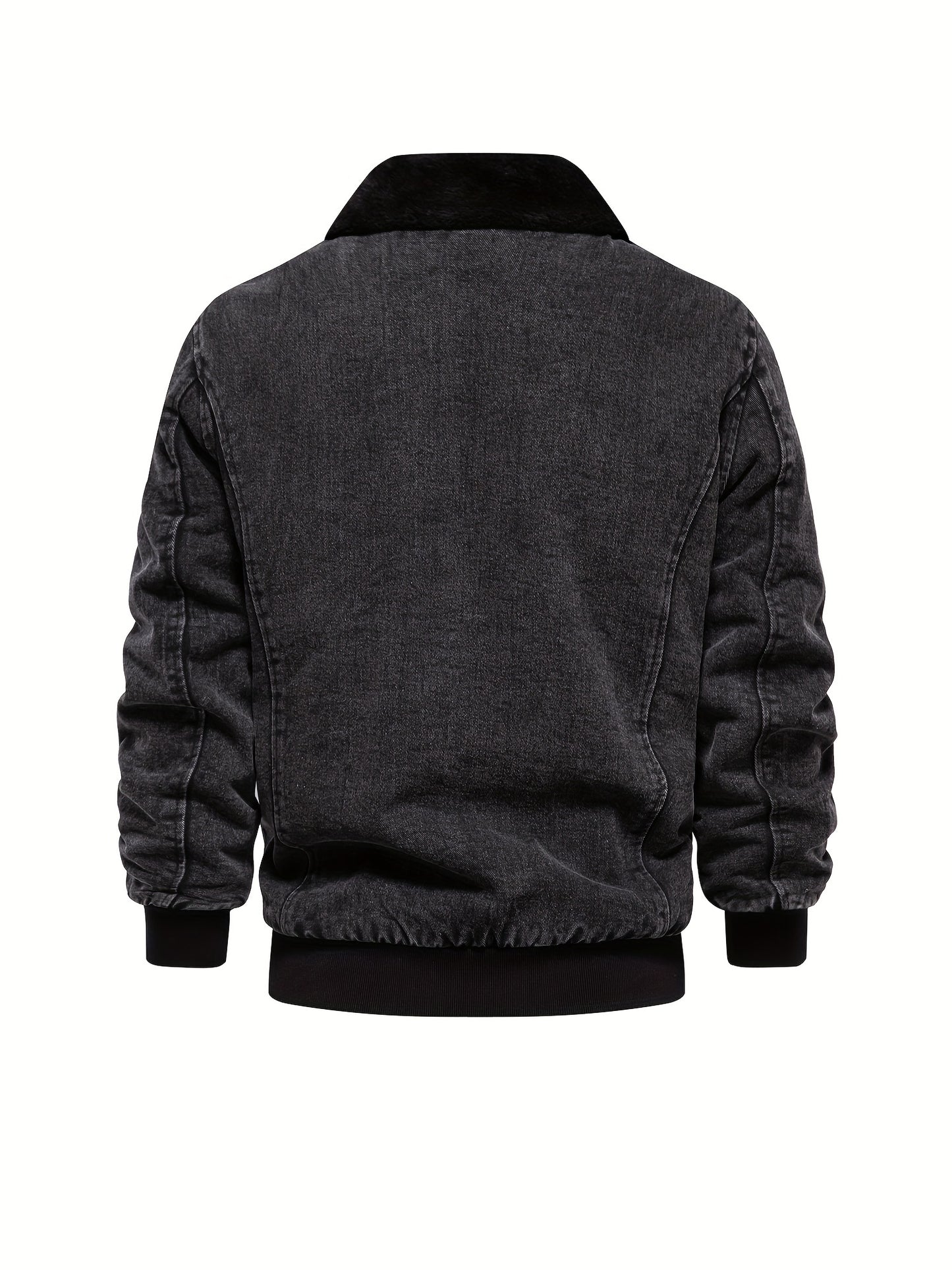 gbolsos Warm Fleece Denim Jacket, Men's Casual Flap Pocket Jacket Coat With Fur Collar For Fall Winter