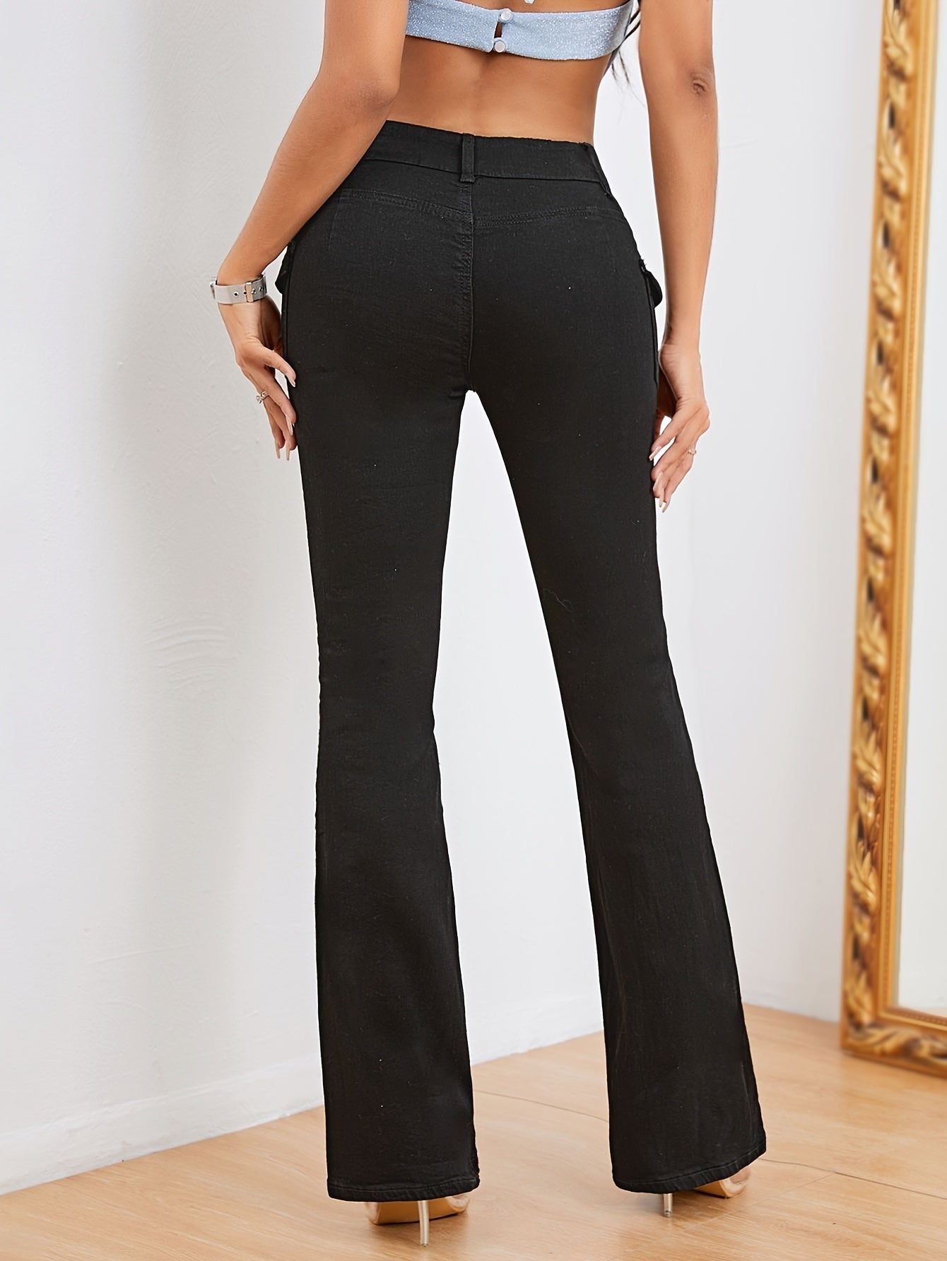 Plain Flap Pockets Cargo Flare Jeans, High Stretch Mid Waist Bell Bottom Jeans, Women's Denim Jeans & Clothing