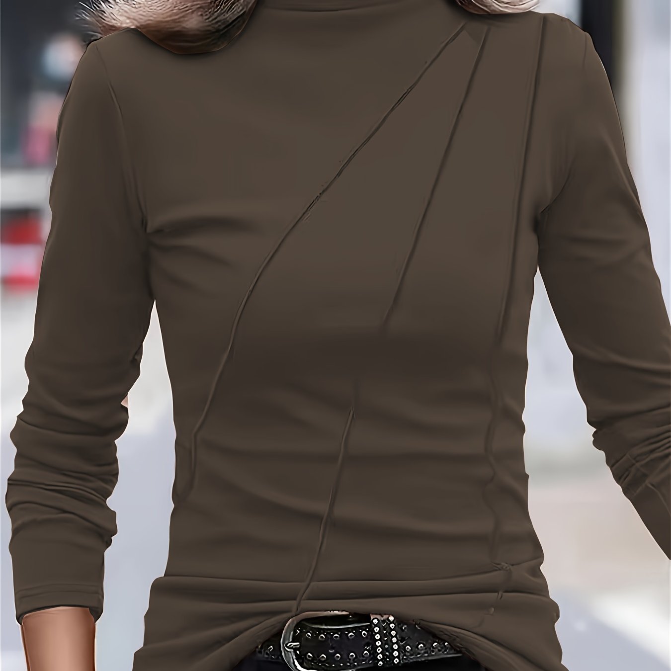 gbolsos Plus Size Mock Neck T-Shirt, Casual Solid Long Sleeve T-Shirt, Women's Plus Size Clothing