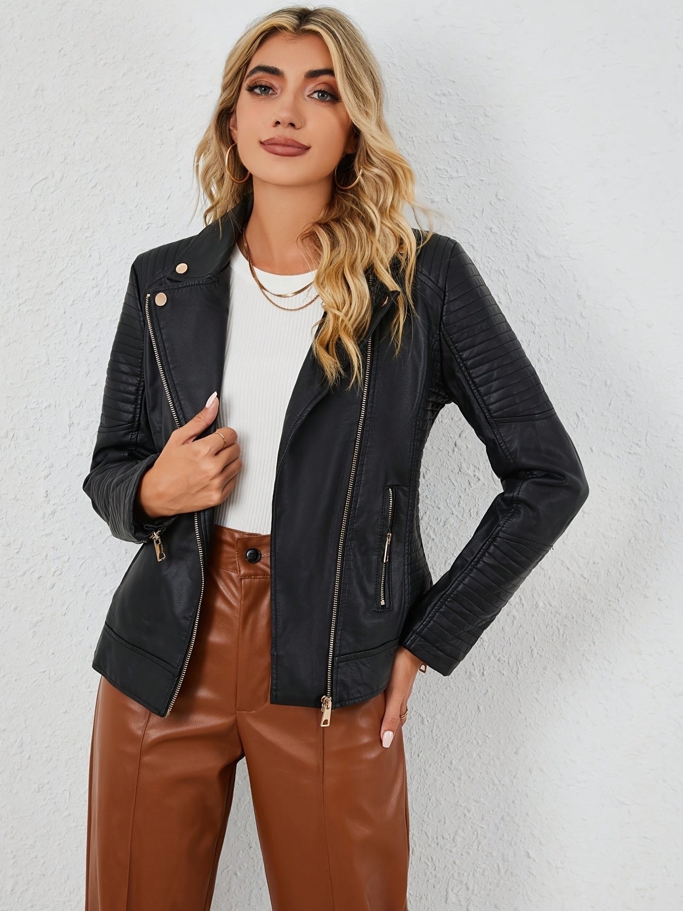 gbolsos PU Leather Print Biker Jacket, Street Wear Zipper Solid Long Sleeve Outerwear, Women's Clothing