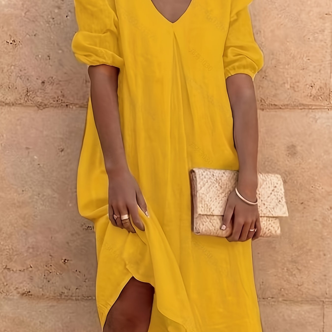 Solid V Neck Dress, Casual Short Sleeve Dress For Spring & Summer, Women's Clothing