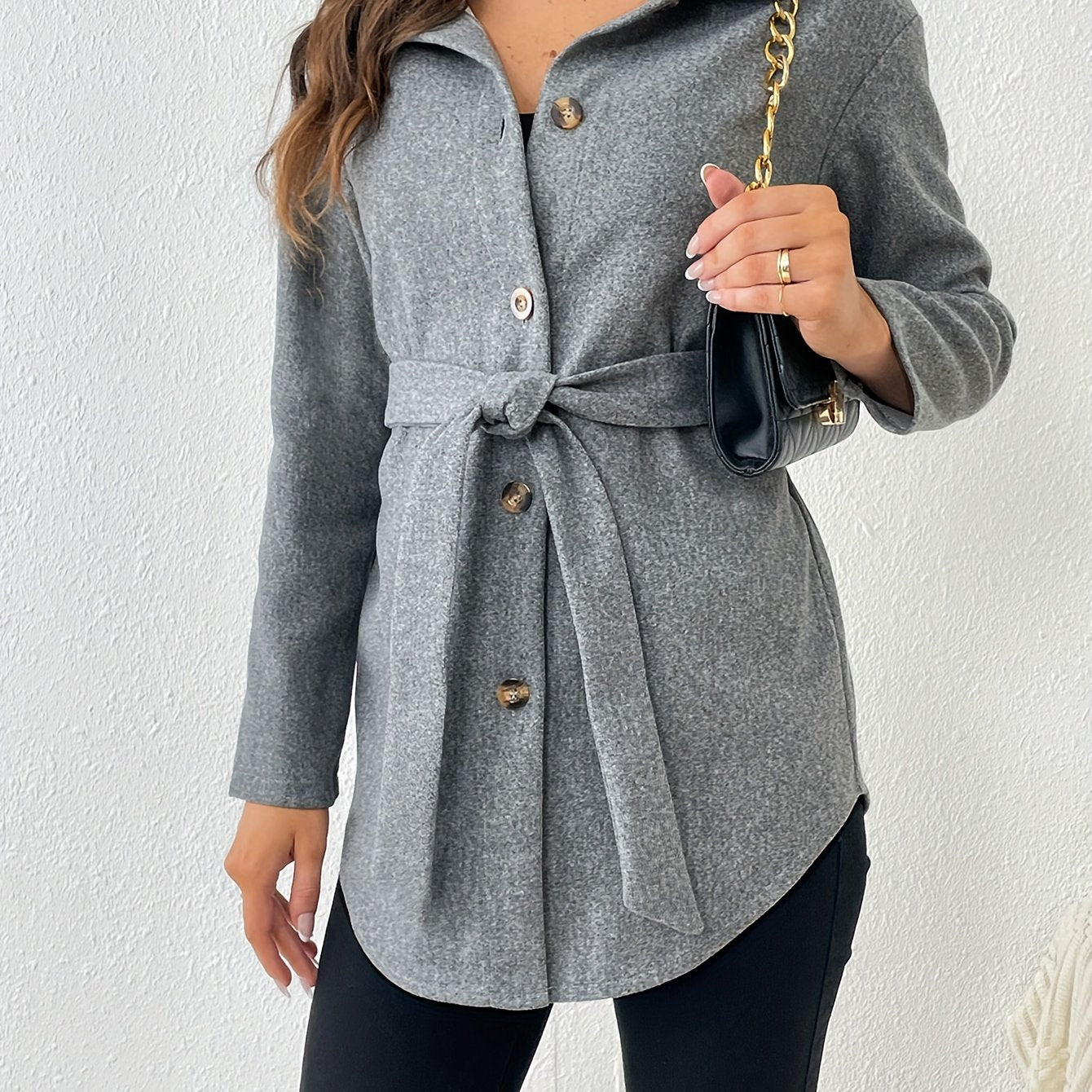 Solid Button Front Coat, Elegant Collared Long Sleeve Outerwear, Women's Clothing