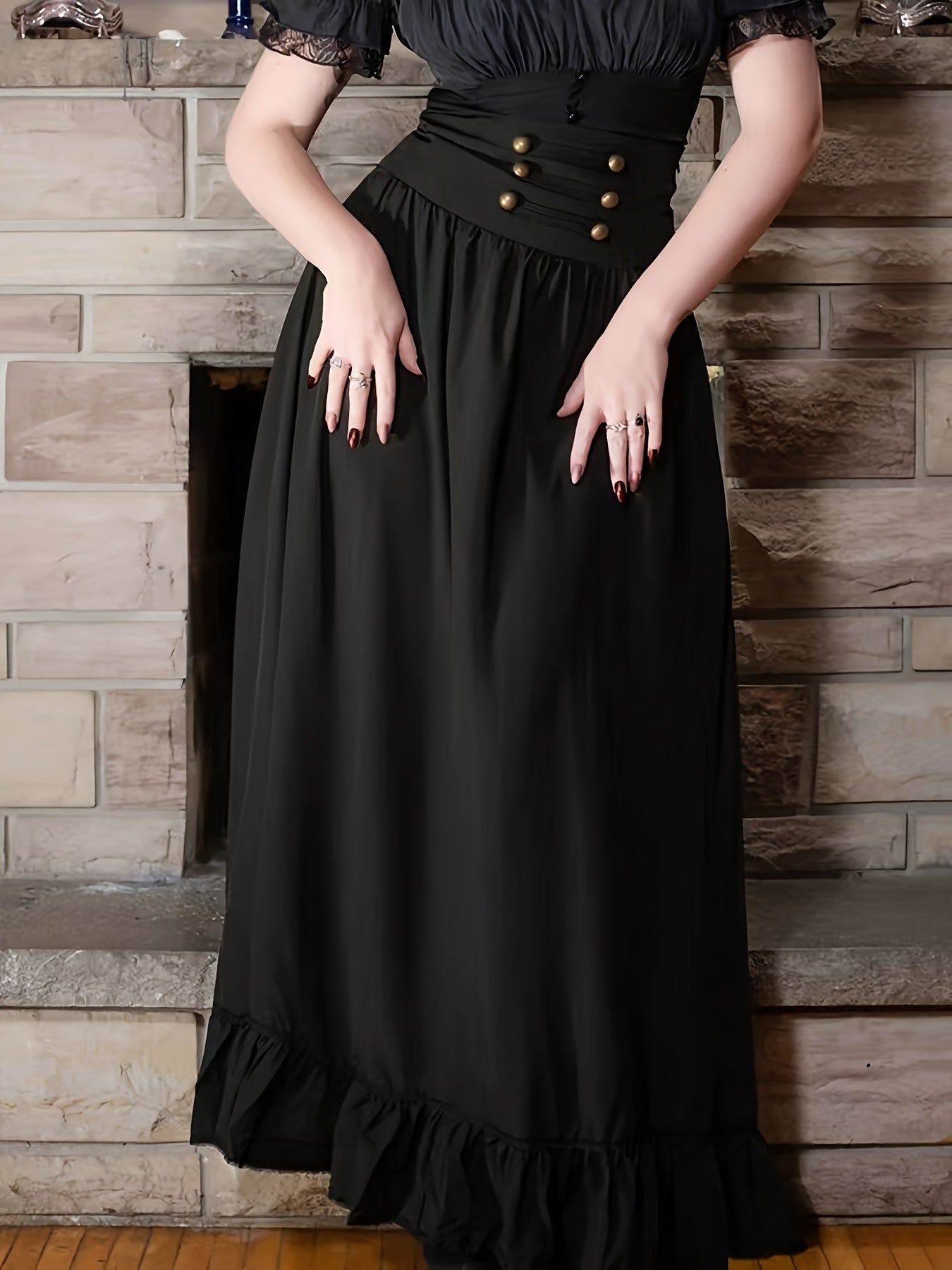 gbolsos Solid High Waist Button Decor Skirt, Casual A-line Ruffle Hem Lace Up Skirt, Women's Clothing
