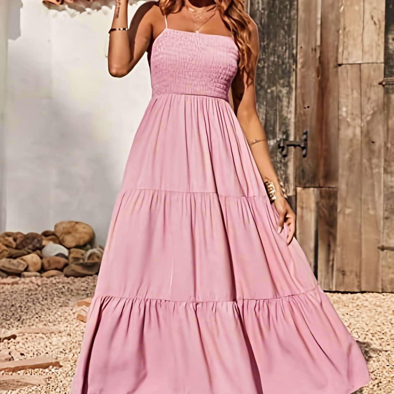 gbolsos Shirred Cami Dress, Vacation Spaghetti Sleeveless High Waist Ruched Dress, Women's Clothing