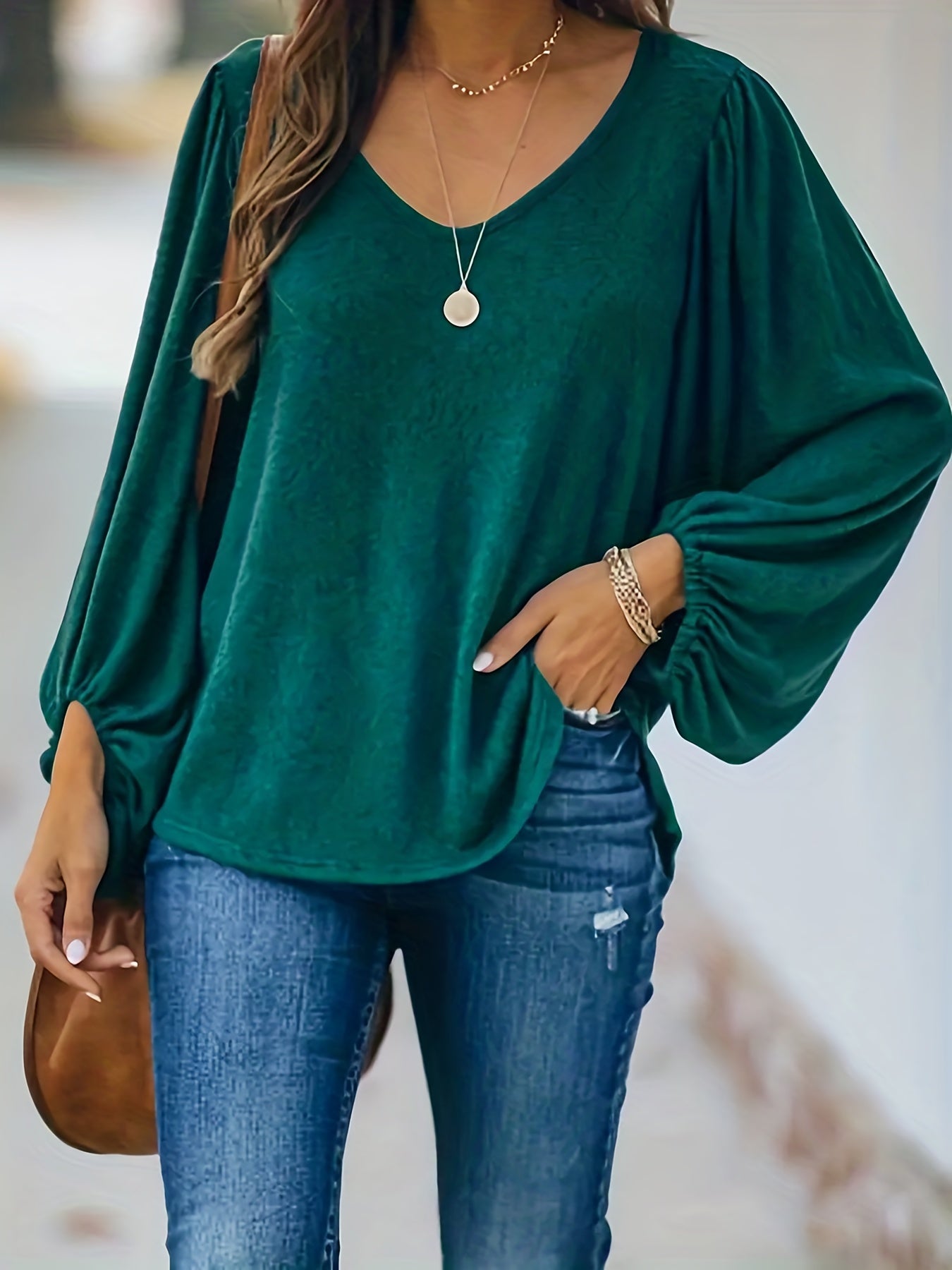 solvbao Plus Size Casual Top, Women's Plus Solid Lantern Sleeve Round Neck Medium Stretch Top