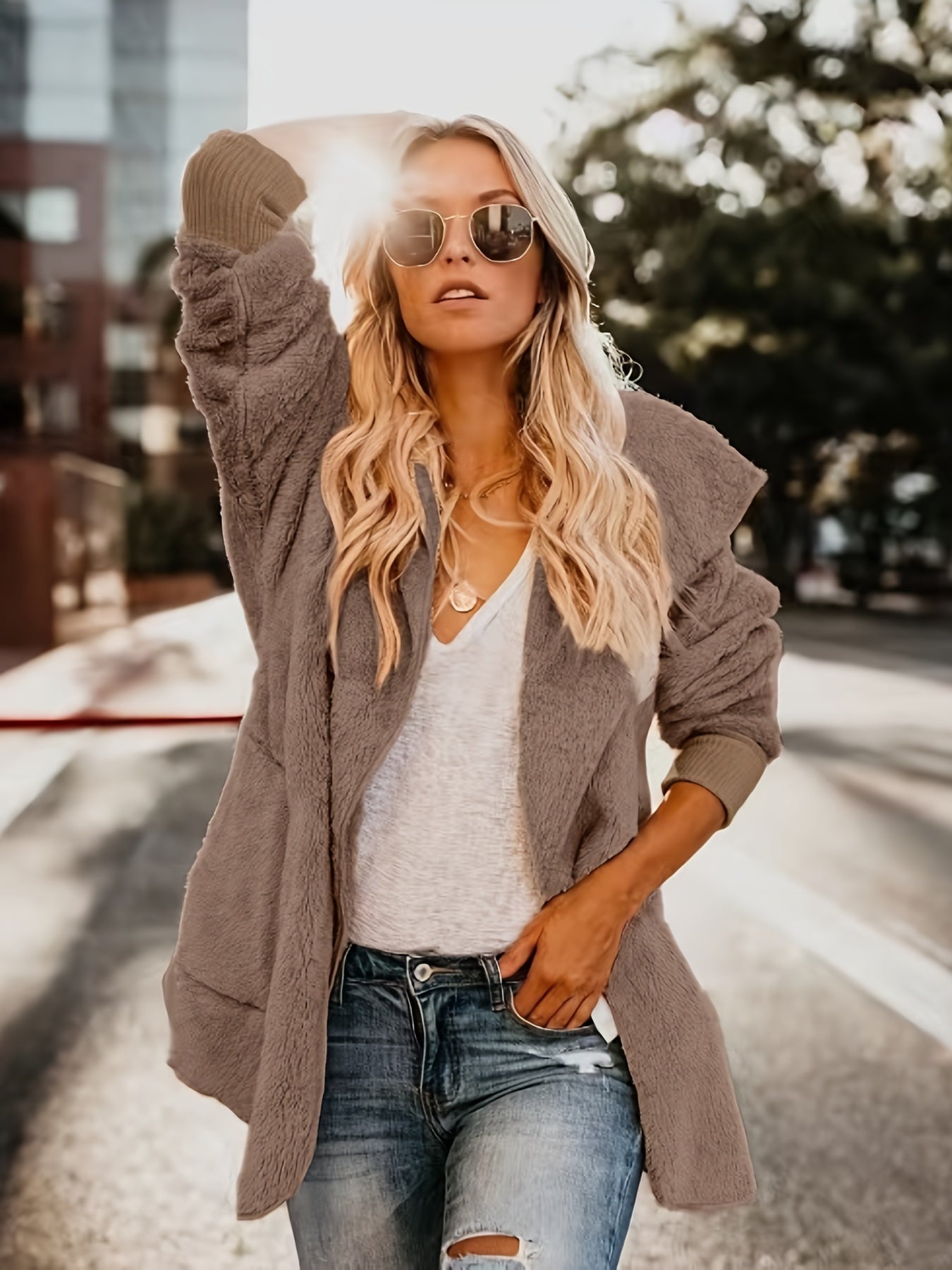 gbolsos Zip Front Hoodie Plush Coat, Long Sleeve Slant Pockets Outwear For Fall & Winter, Women's Clothing