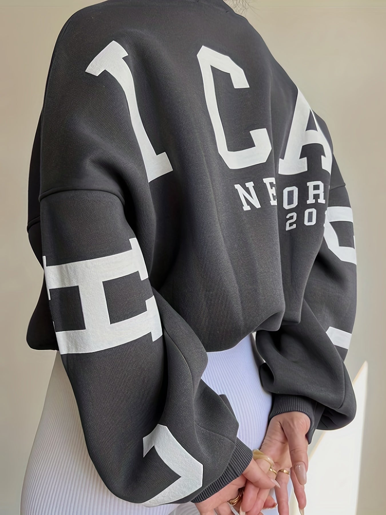 gbolsos Women Oversized Thermal Letter Graphic Print Sweatshirt Aesthetic Crew Neck Long Sleeve Drop Shoulder Pullover