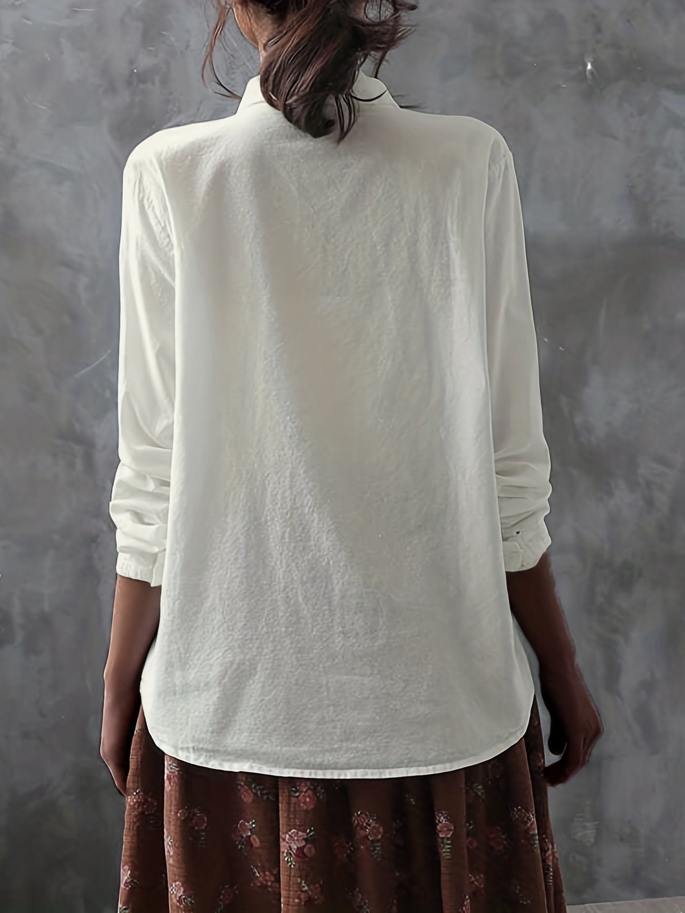 gbolsos Embroidered Solid Shirt, Casual Button Front Long Sleeve Collared Shirt, Women's Clothing