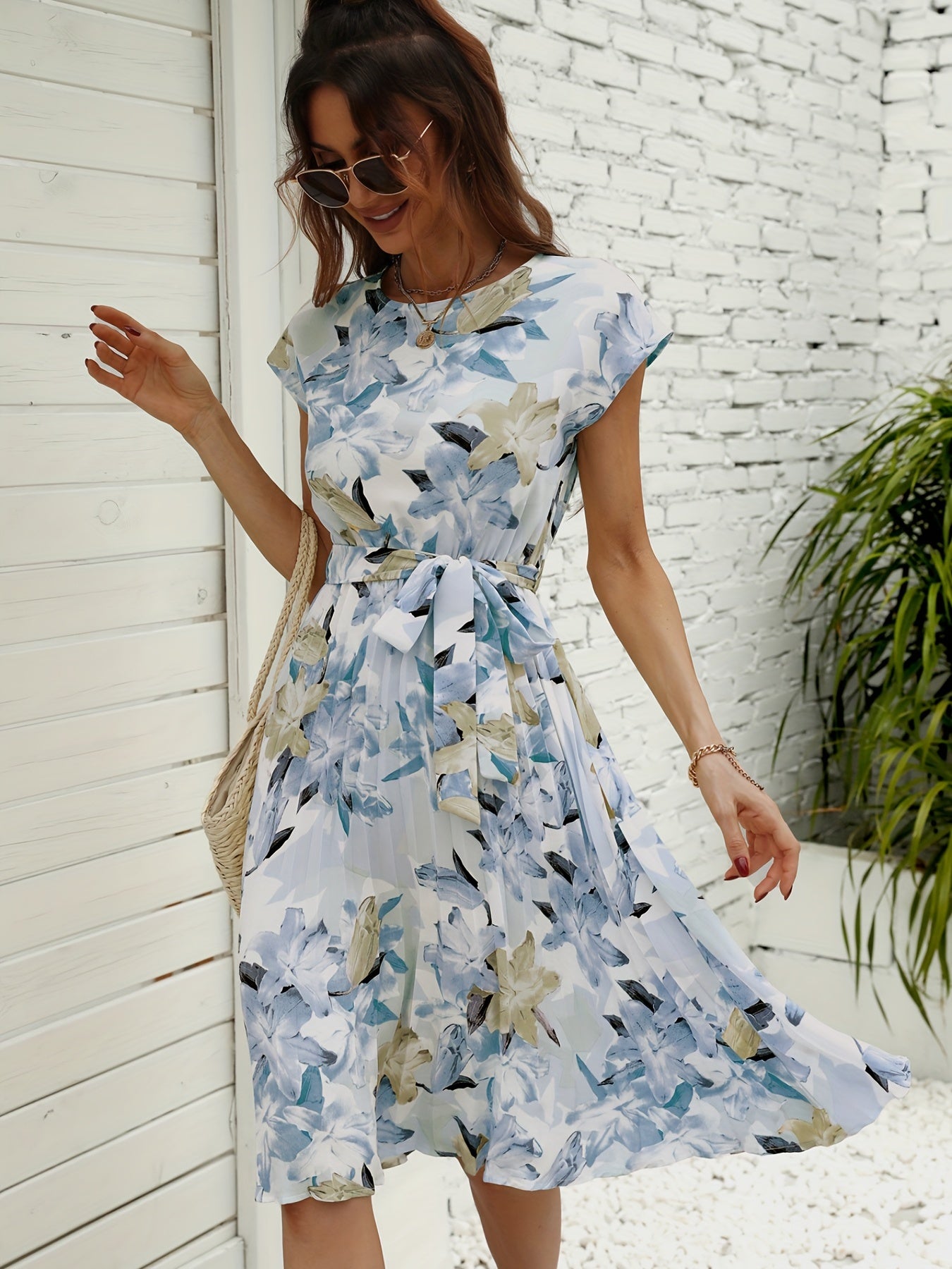 gbolsos Floral Print Pleated Belted Dress, Casual Short Sleeve Dress For Spring & Summer, Women's Clothing