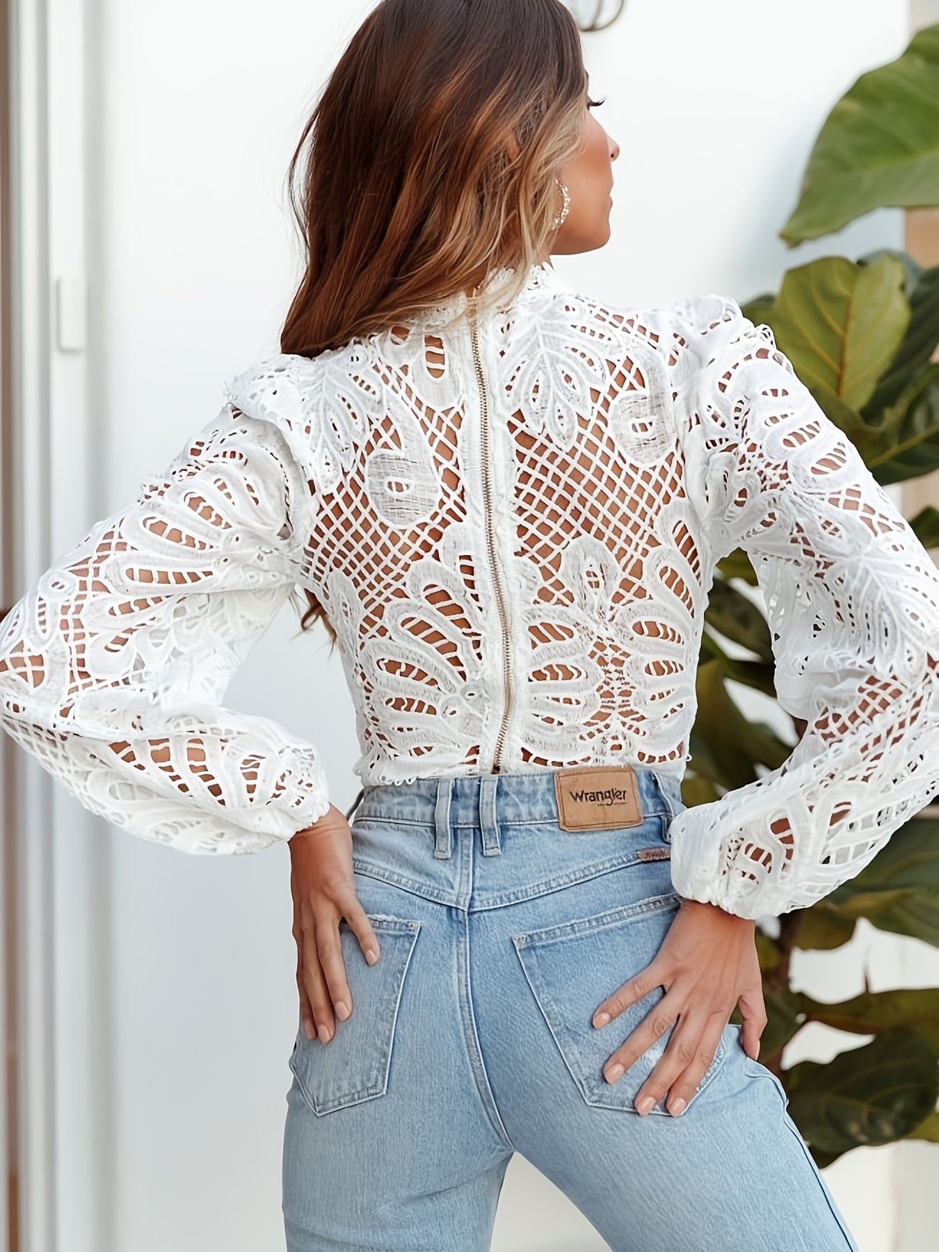 gbolsos Solid Zip Back Lace High Collar Shirt, Casual Basic Long Sleeve Stylish Shirt, Women's Clothing