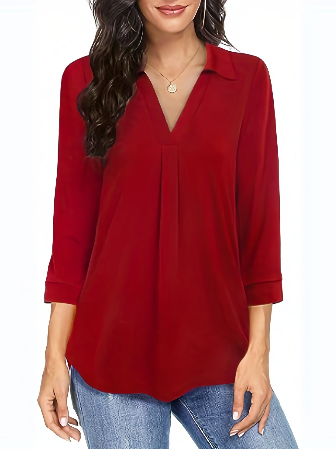 gbolsos Plus Size Casual Blouse, Women's Plus Solid Half Sleeve Turn Down Collar Tunic Top