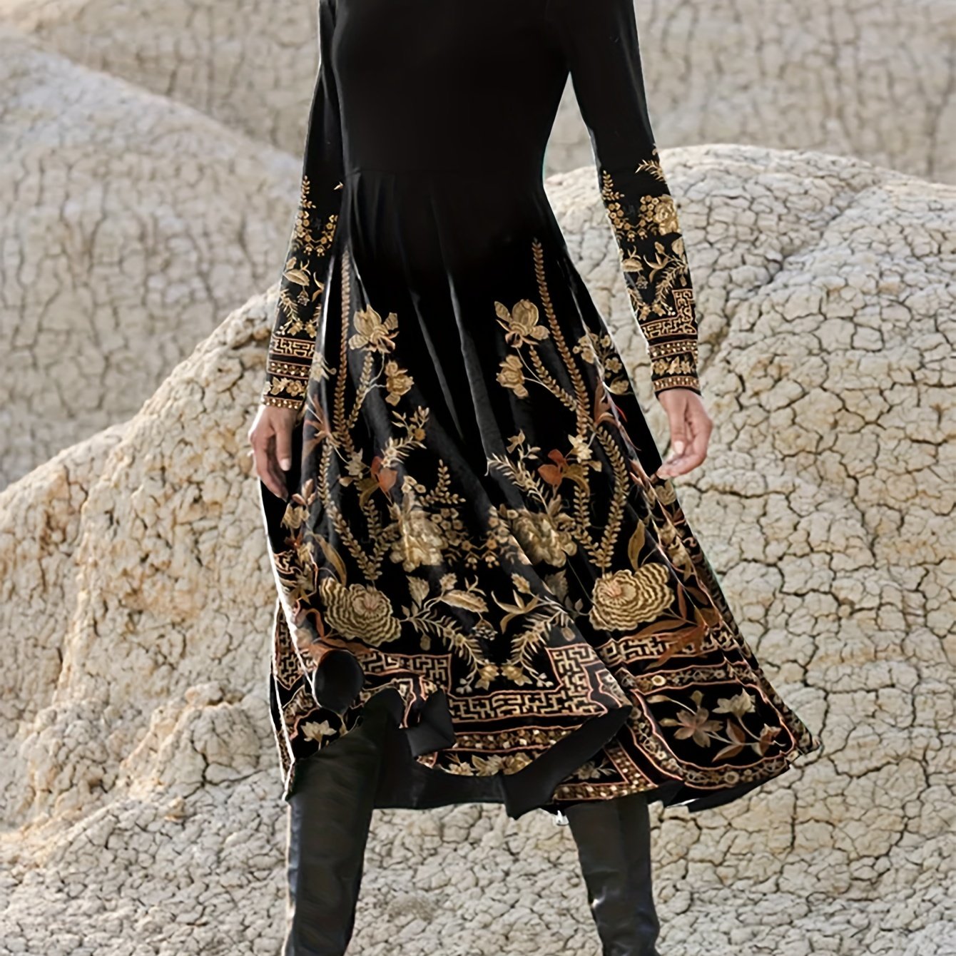 gbolsos Floral Print V Neck Dress, Elegant Long Sleeve Dress, Women's Clothing