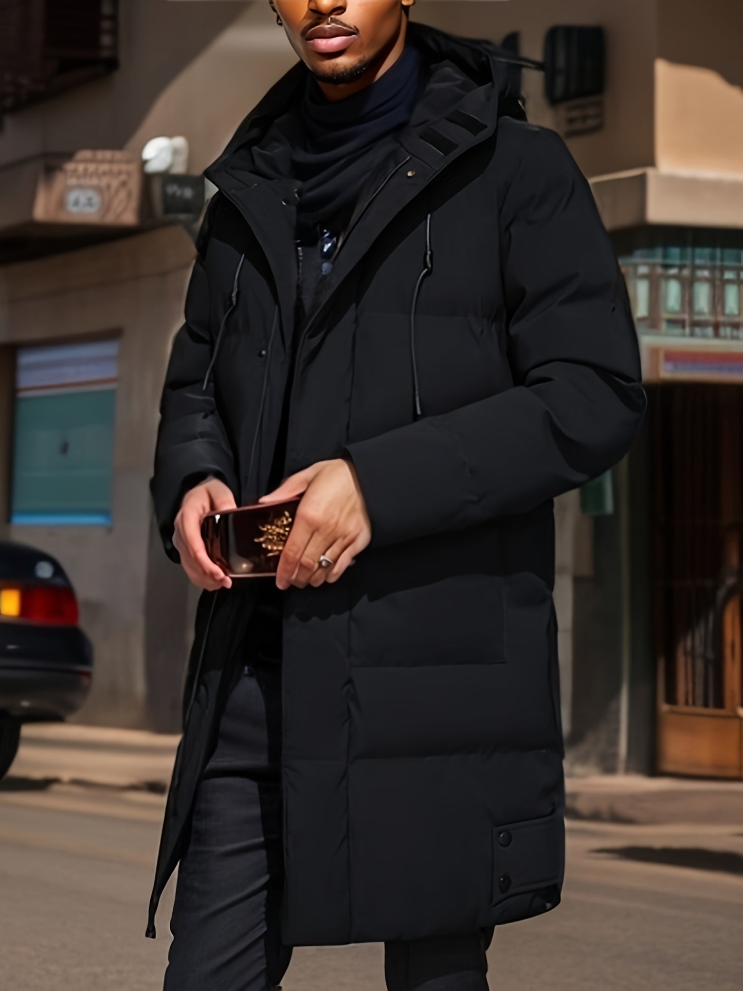 gbolsos Warm Hooded Mid-length Jacket, Men's Casual Zip Up Cotton Padded Jacket Overcoat For Fall Winter Outdoor