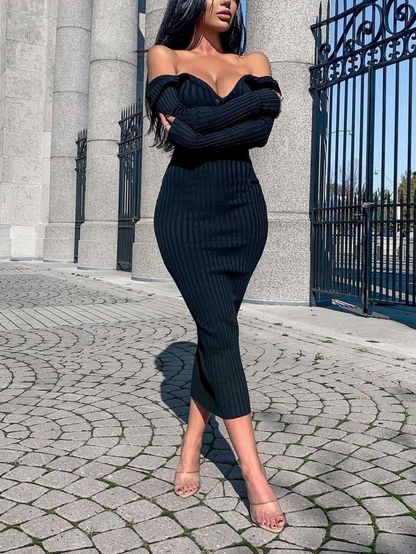 gbolsos Off Shoulder Bodycon Dress, Elegant Backless Long Sleeve Dress, Women's Clothing